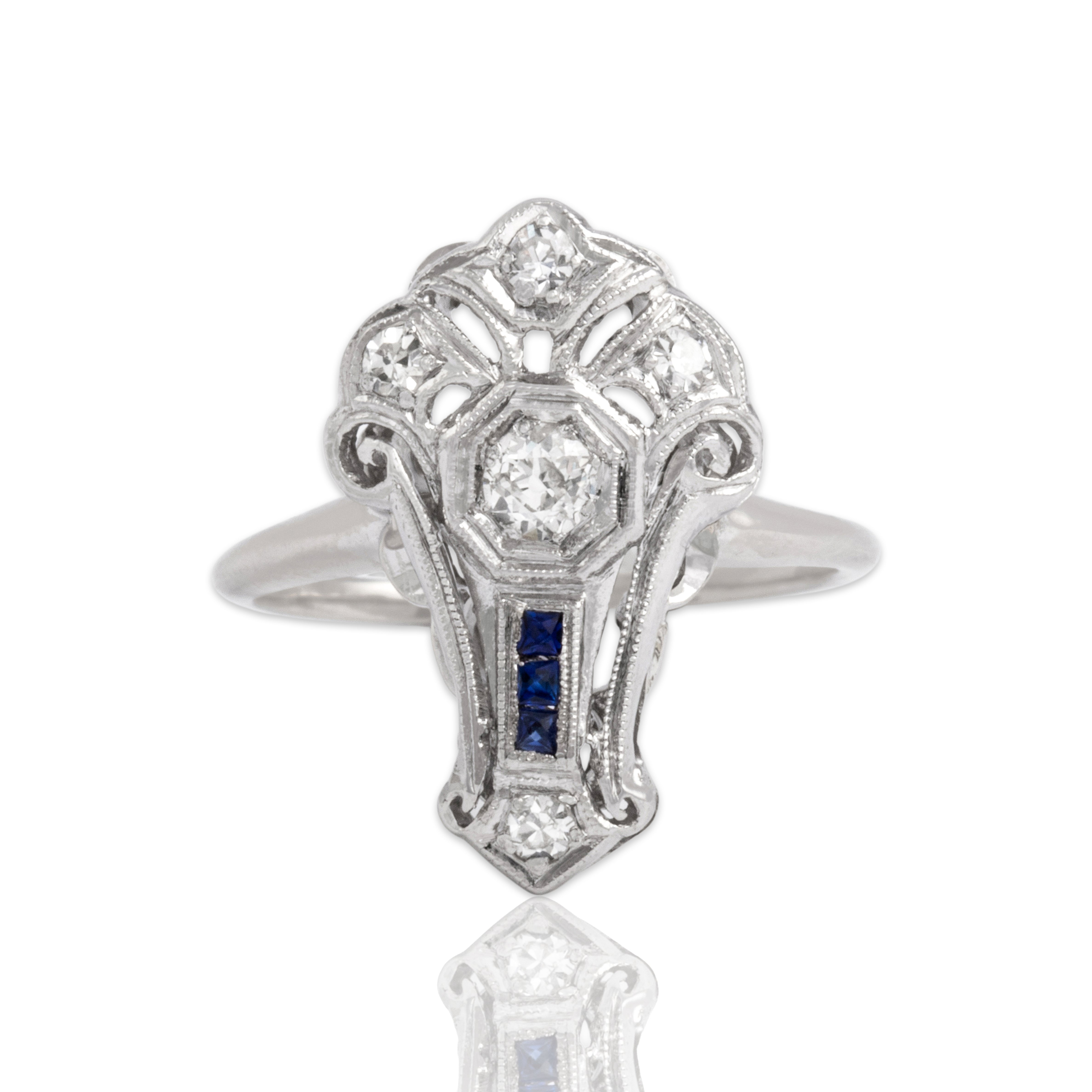 Antique Art Deco 14k White Gold Natural Old Mine Cut Diamond Synthetic Sapphire Fantastic Milgrain Flourish Ring - Close-up view