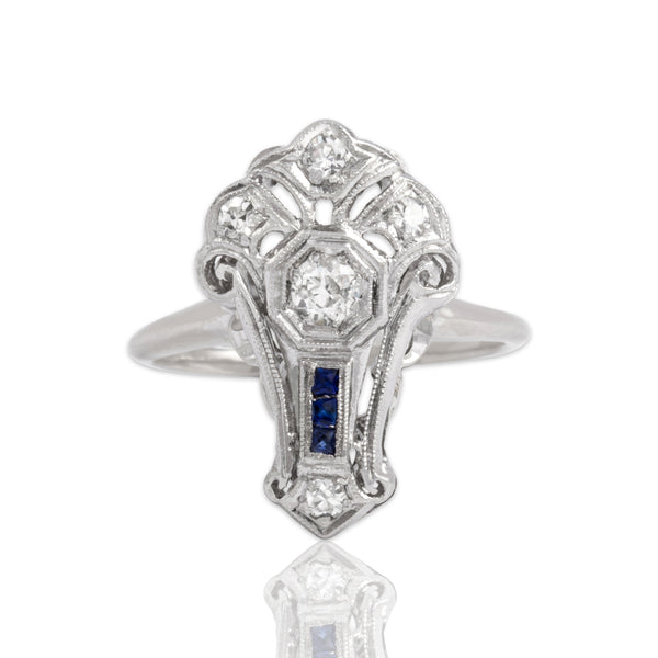 Antique Art Deco 14k White Gold Natural Old Mine Diamond Synthetic Sapphire Ring 6.50