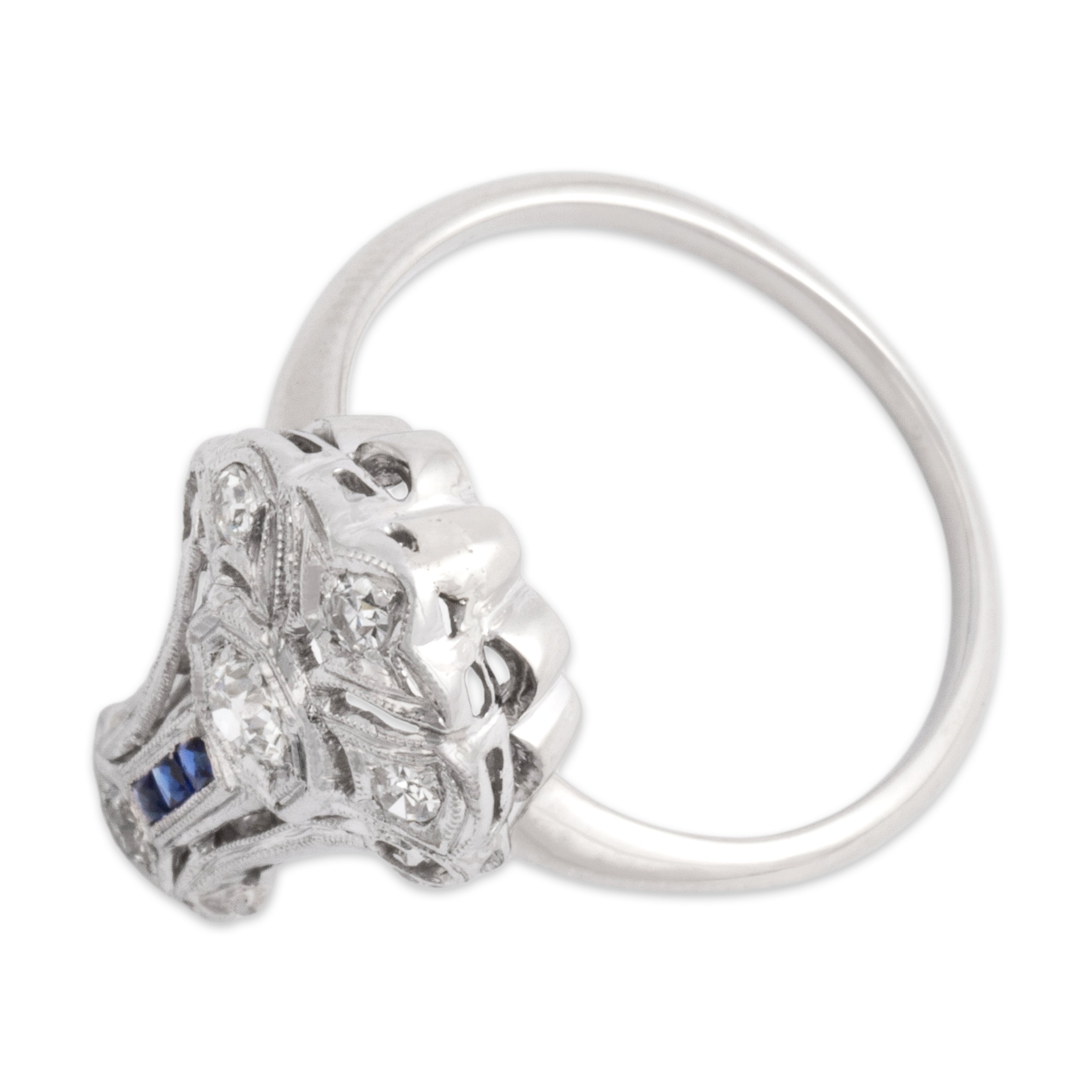 Antique Art Deco 14k White Gold Natural Old Mine Cut Diamond Synthetic Sapphire Fantastic Milgrain Flourish Ring - Overall view