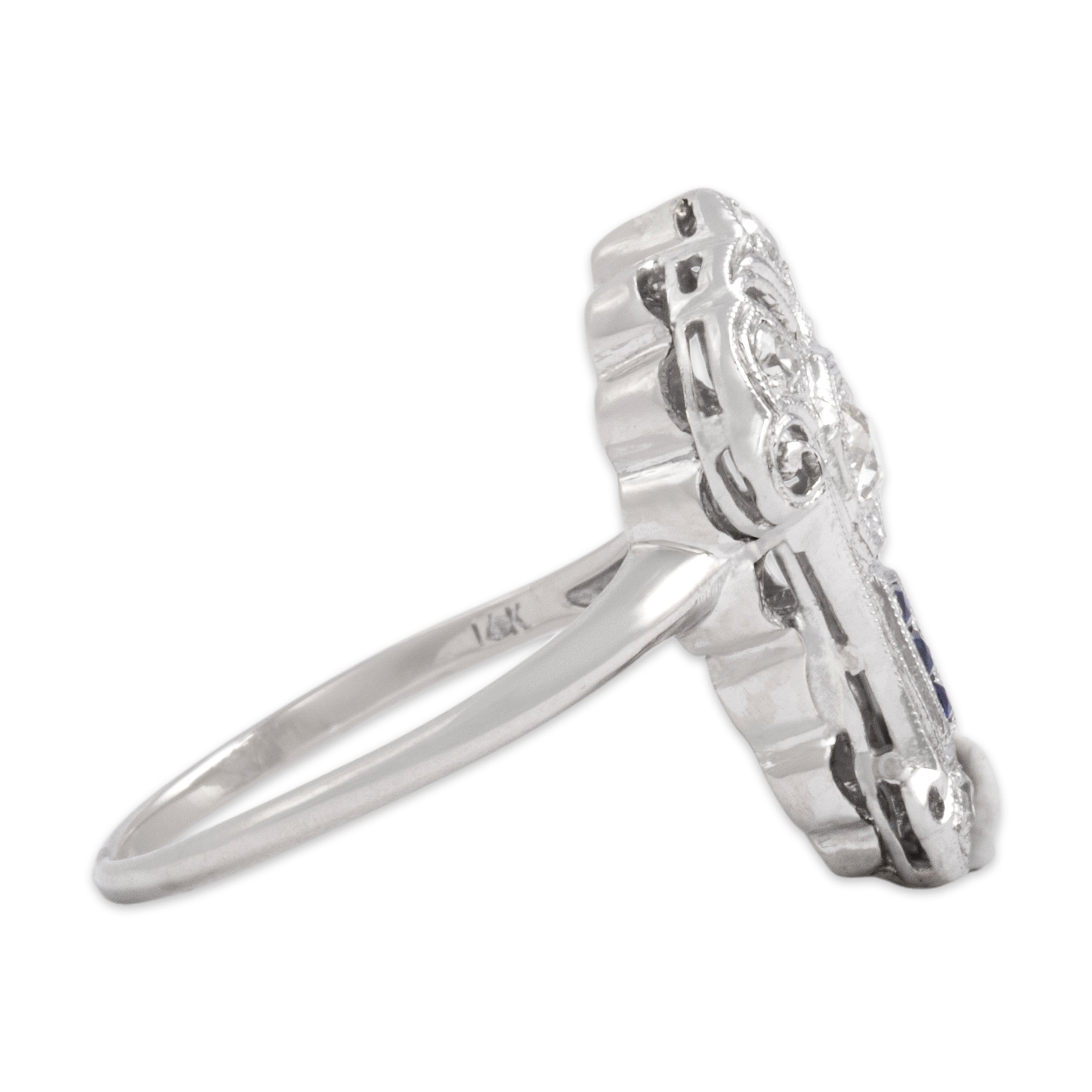 Antique Art Deco 14k White Gold Natural Old Mine Cut Diamond Synthetic Sapphire Fantastic Milgrain Flourish Ring - Side view