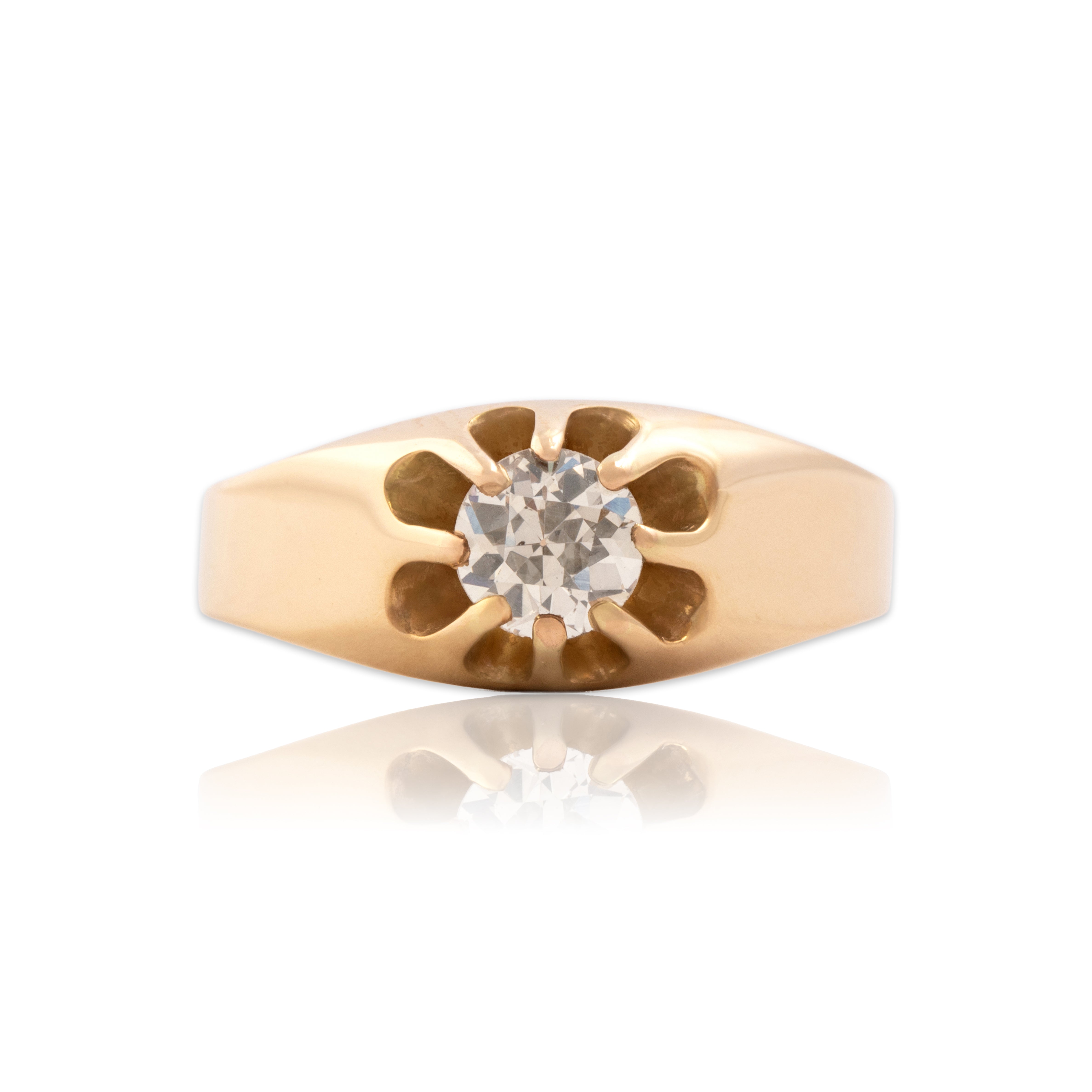 Antique 14k Yellow Gold .75ct Old European Cut Diamond Sleek Belcher-Set Ring - Close-up view