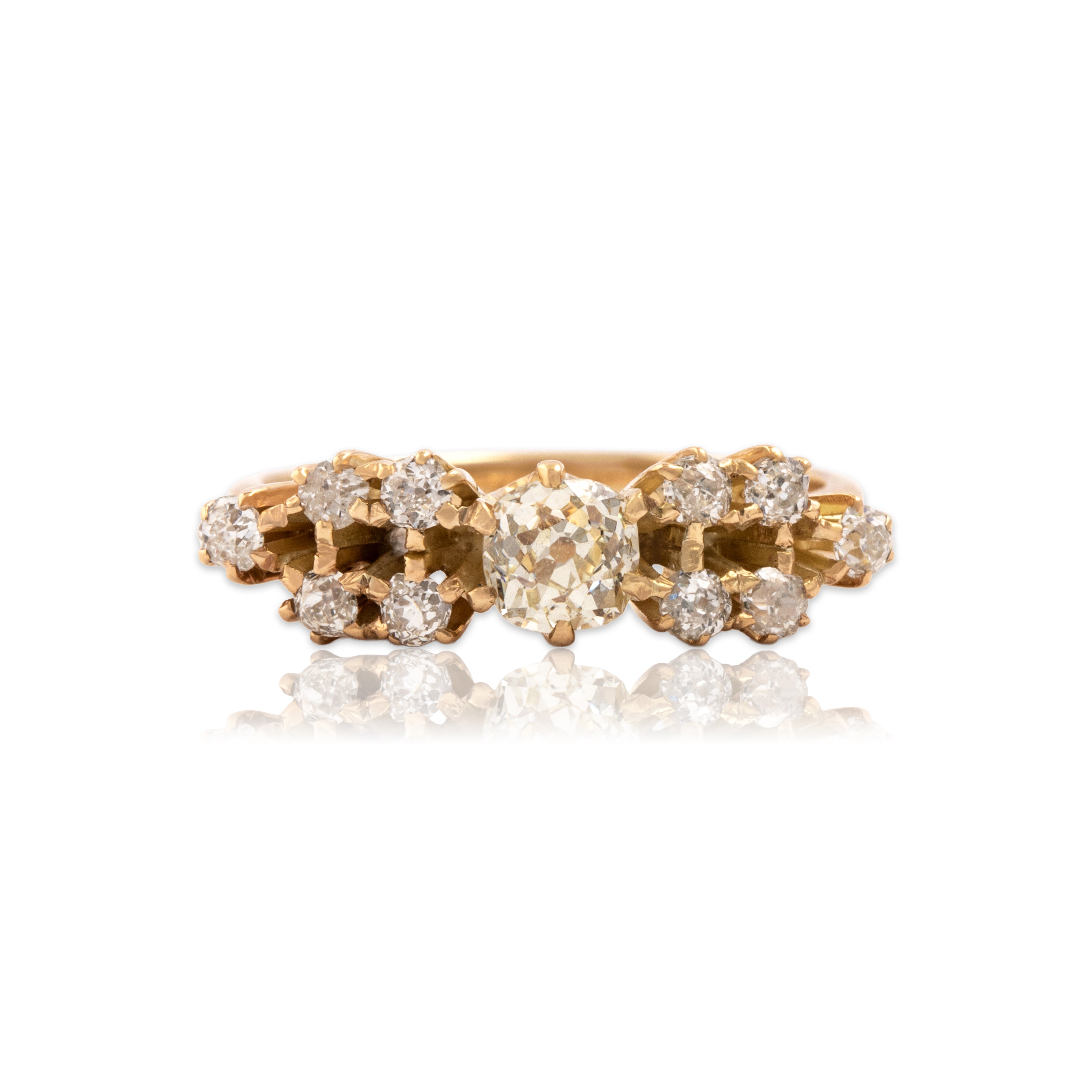 Antique 14k Yellow Gold .79cttw Old Mine Cut Diamond Tall Fabulous Glittering Cluster Ring - Close-up view