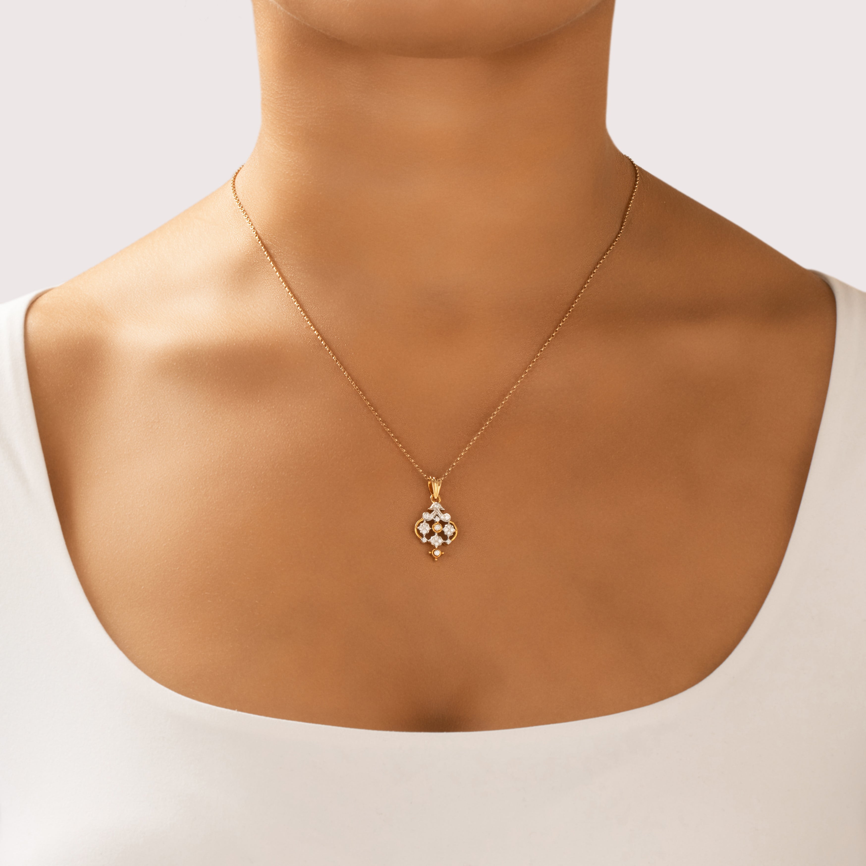 Vintage 18k Yellow & White Gold [Custom Carat] Detailed Open Work Pendant - On model view