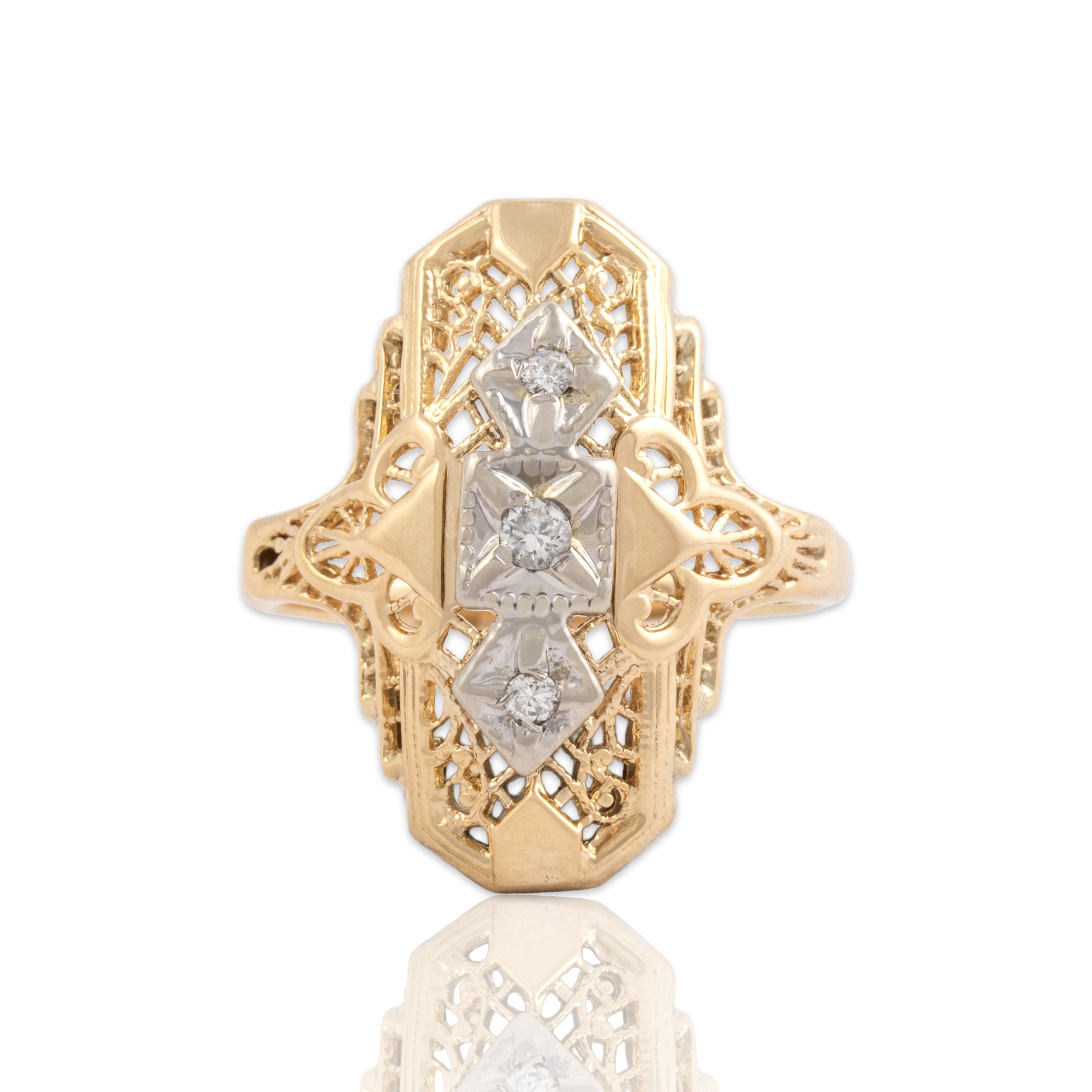 Vintage 14k Yellow & White Gold Diamond Bold Geometric Shield Ring - Close-up view