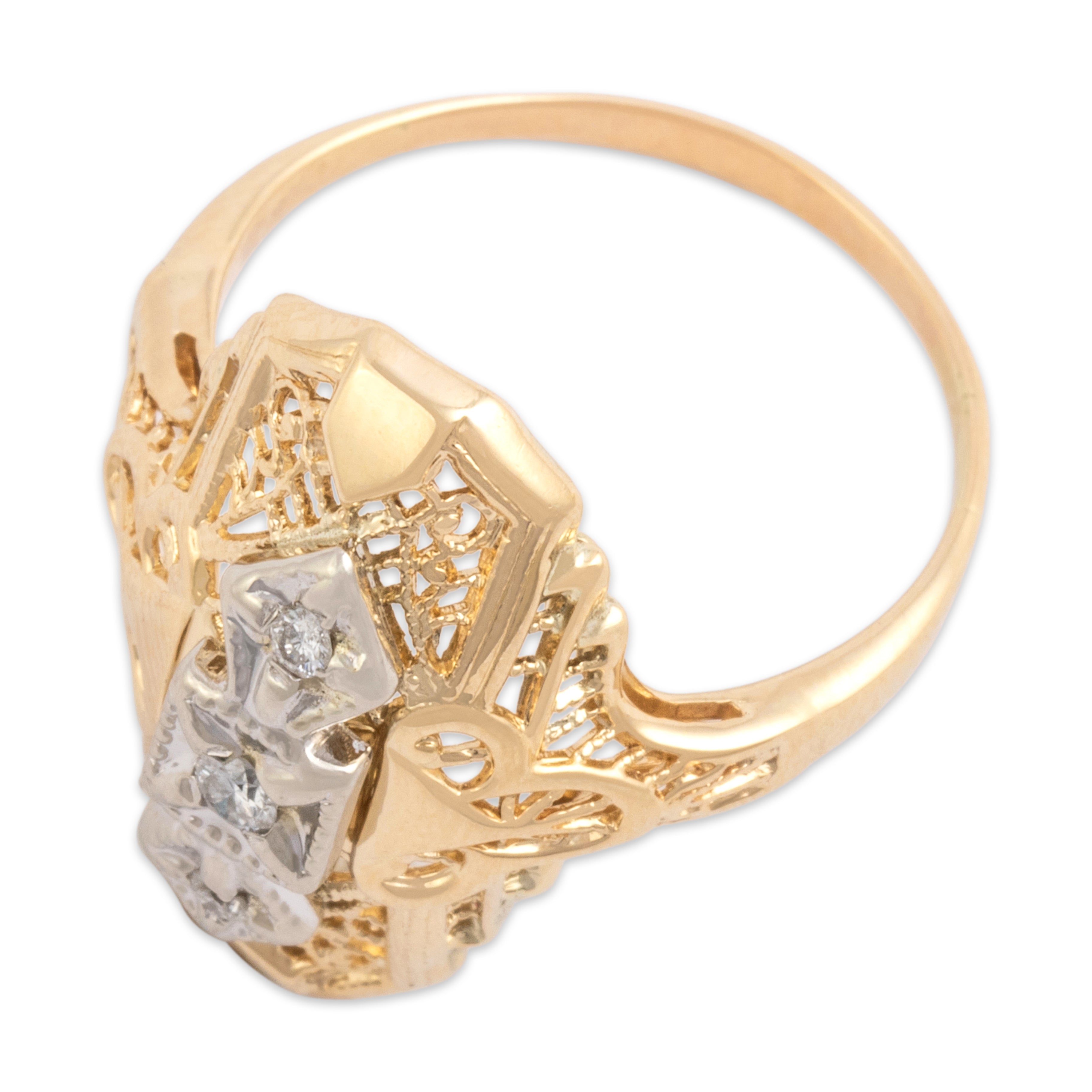 Vintage 14k Yellow & White Gold Diamond Bold Geometric Shield Ring - Overall view
