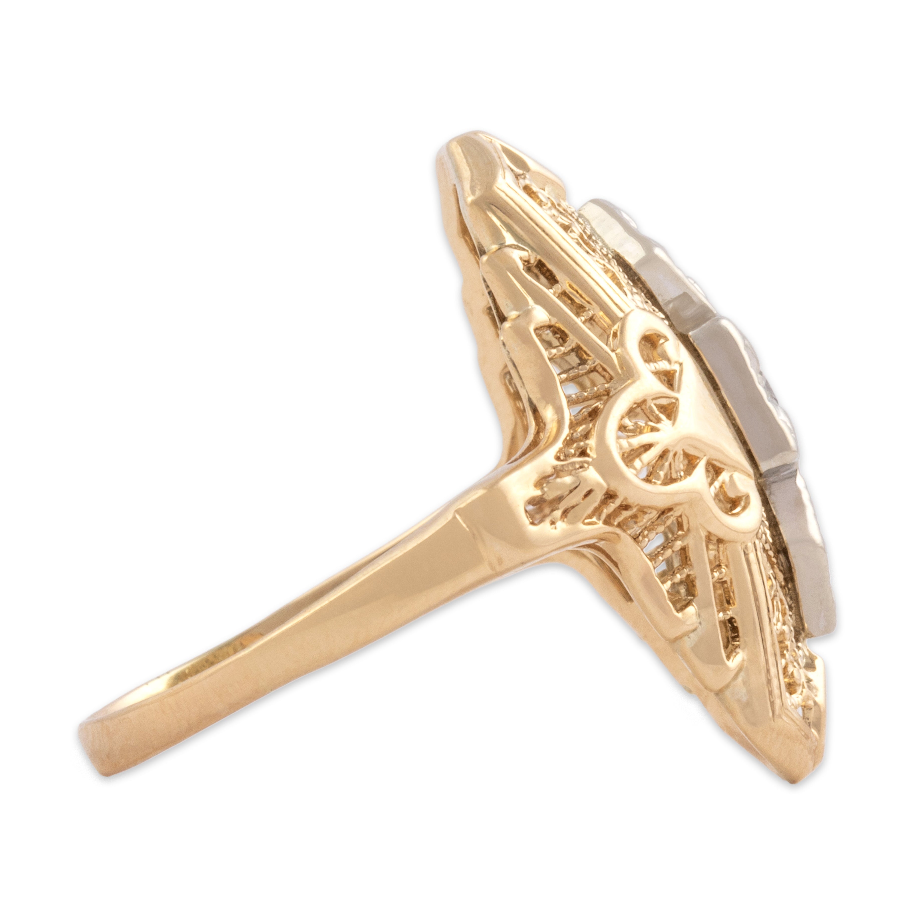 Vintage 14k Yellow & White Gold Diamond Bold Geometric Shield Ring - Side view