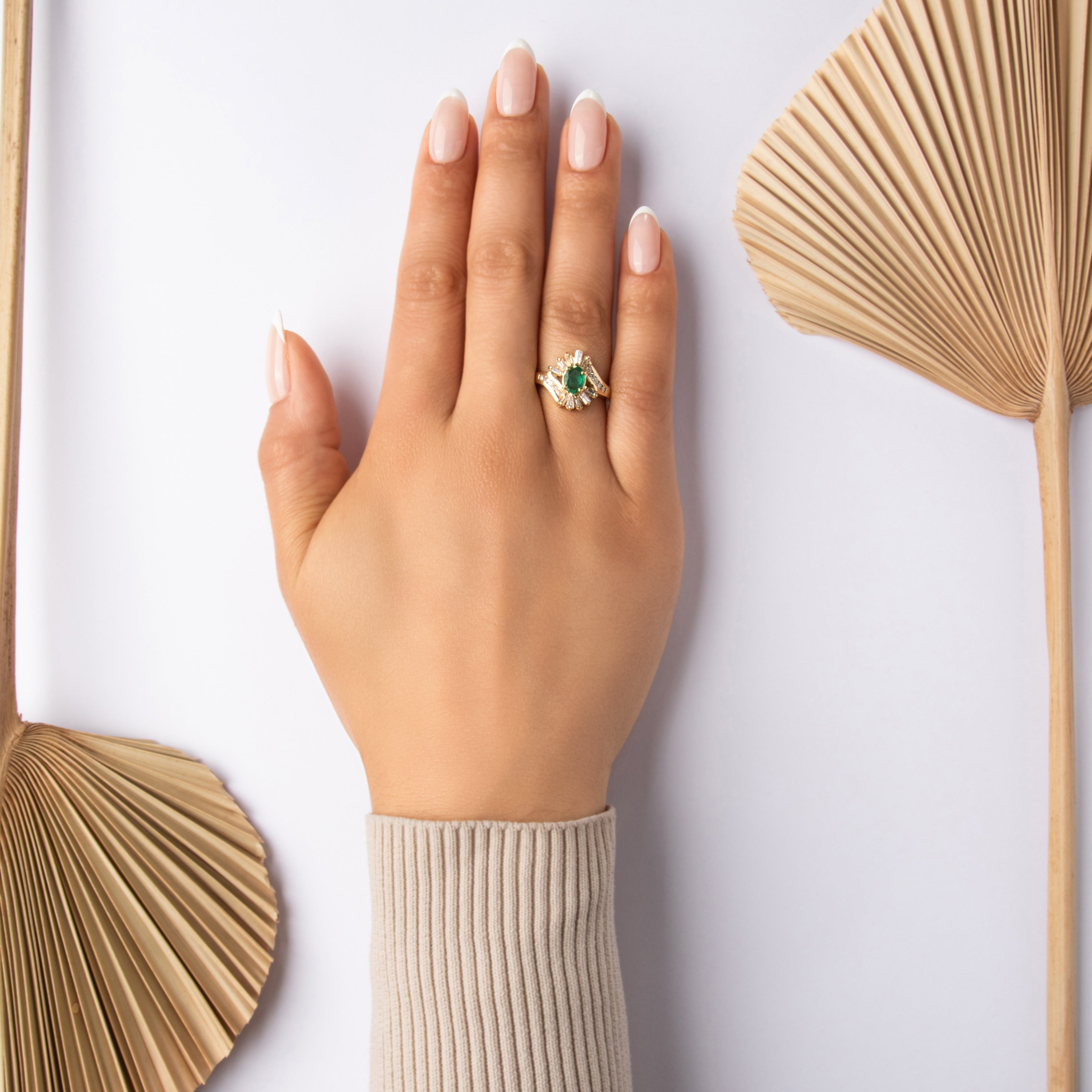 Vintage 14k Yellow Gold .55ct Emerald Diamond Swirling Mixed-Cut Channel Halo Ring - On model view