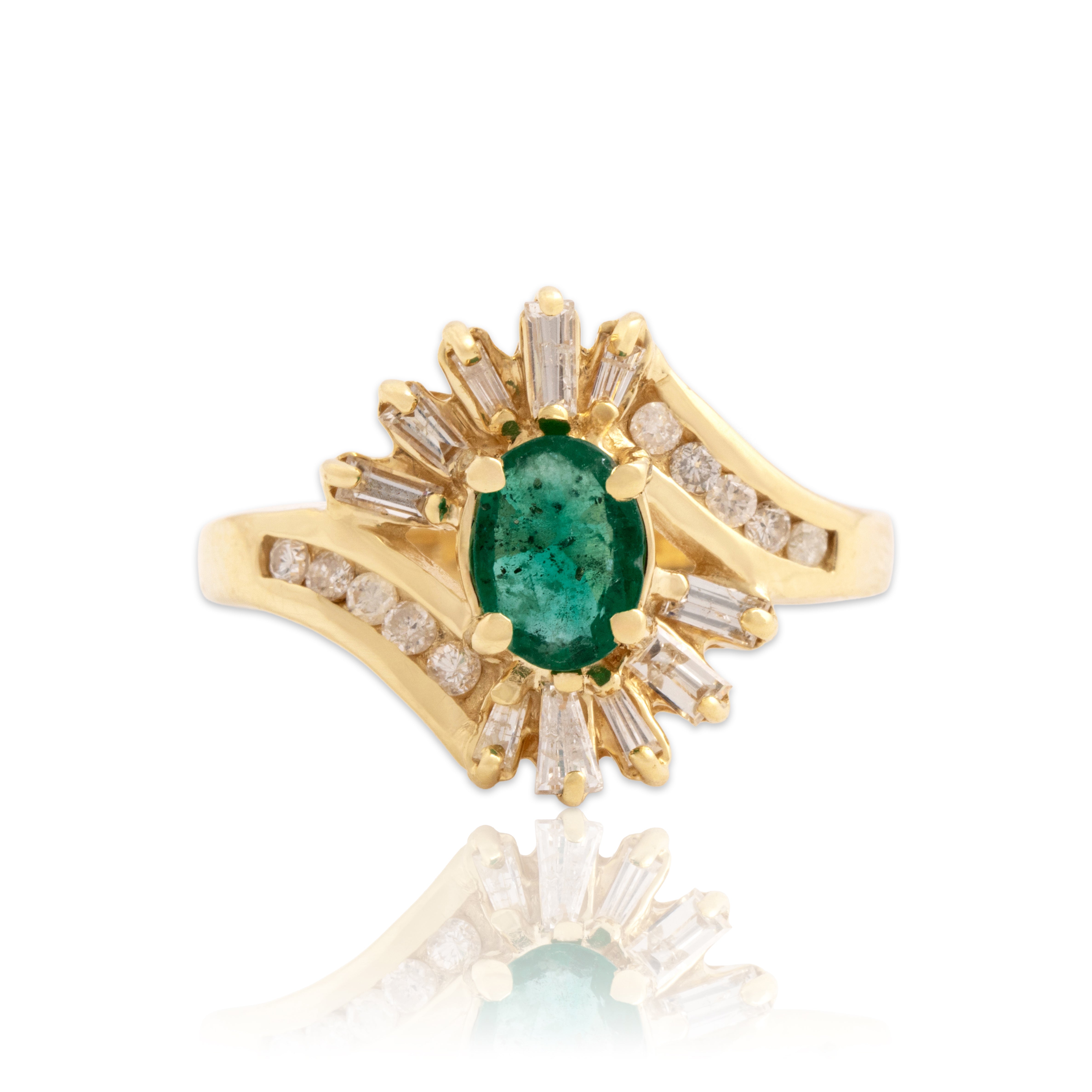 Vintage 14k Yellow Gold .55ct Emerald Diamond Swirling Channel Halo Ring 7.00