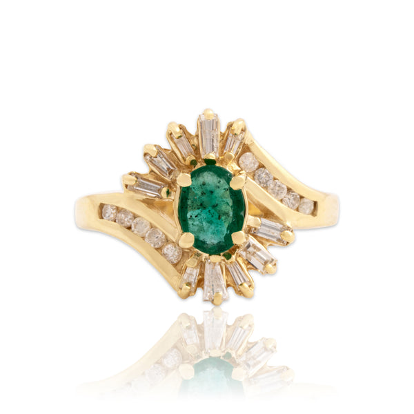 Vintage 14k Yellow Gold .55ct Emerald Diamond Swirling Channel Halo Ring 7.00