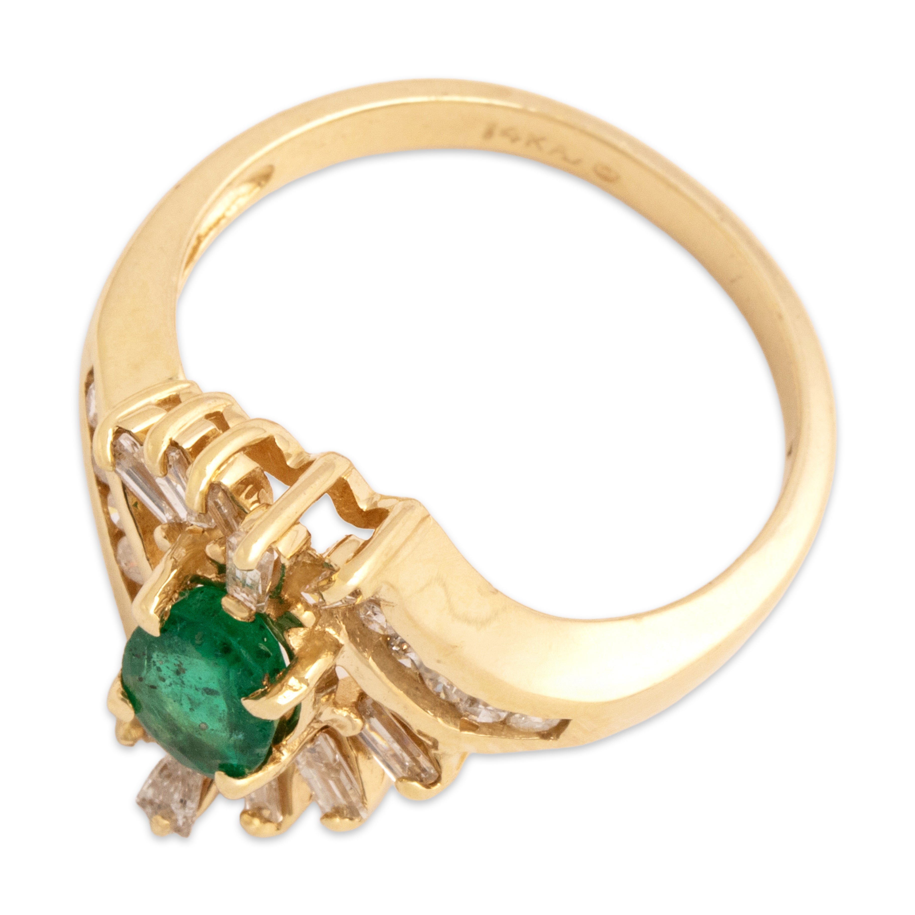 Vintage 14k Yellow Gold .55ct Emerald Diamond Swirling Mixed-Cut Channel Halo Ring - Overall view