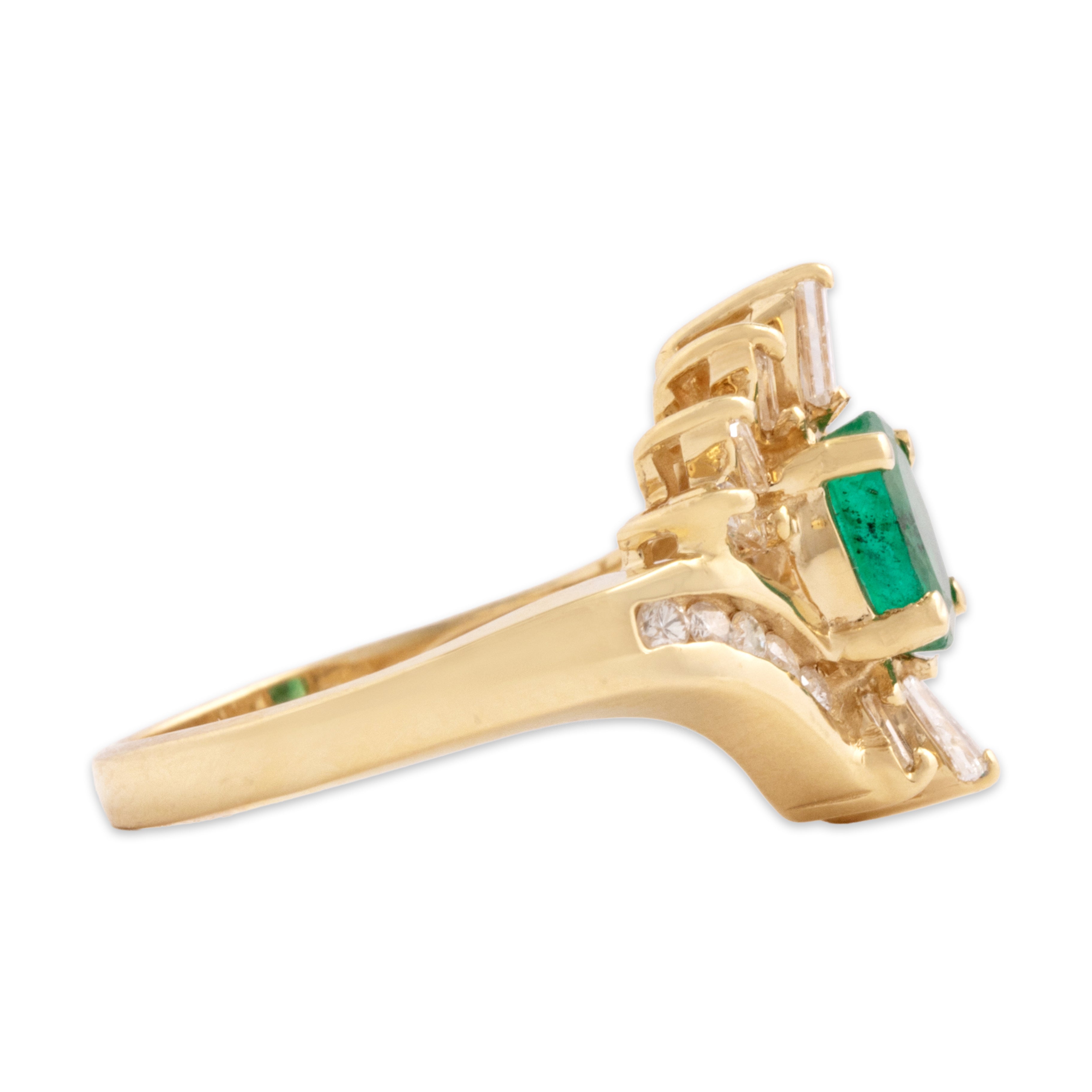 Vintage 14k Yellow Gold .55ct Emerald Diamond Swirling Mixed-Cut Channel Halo Ring - Side view