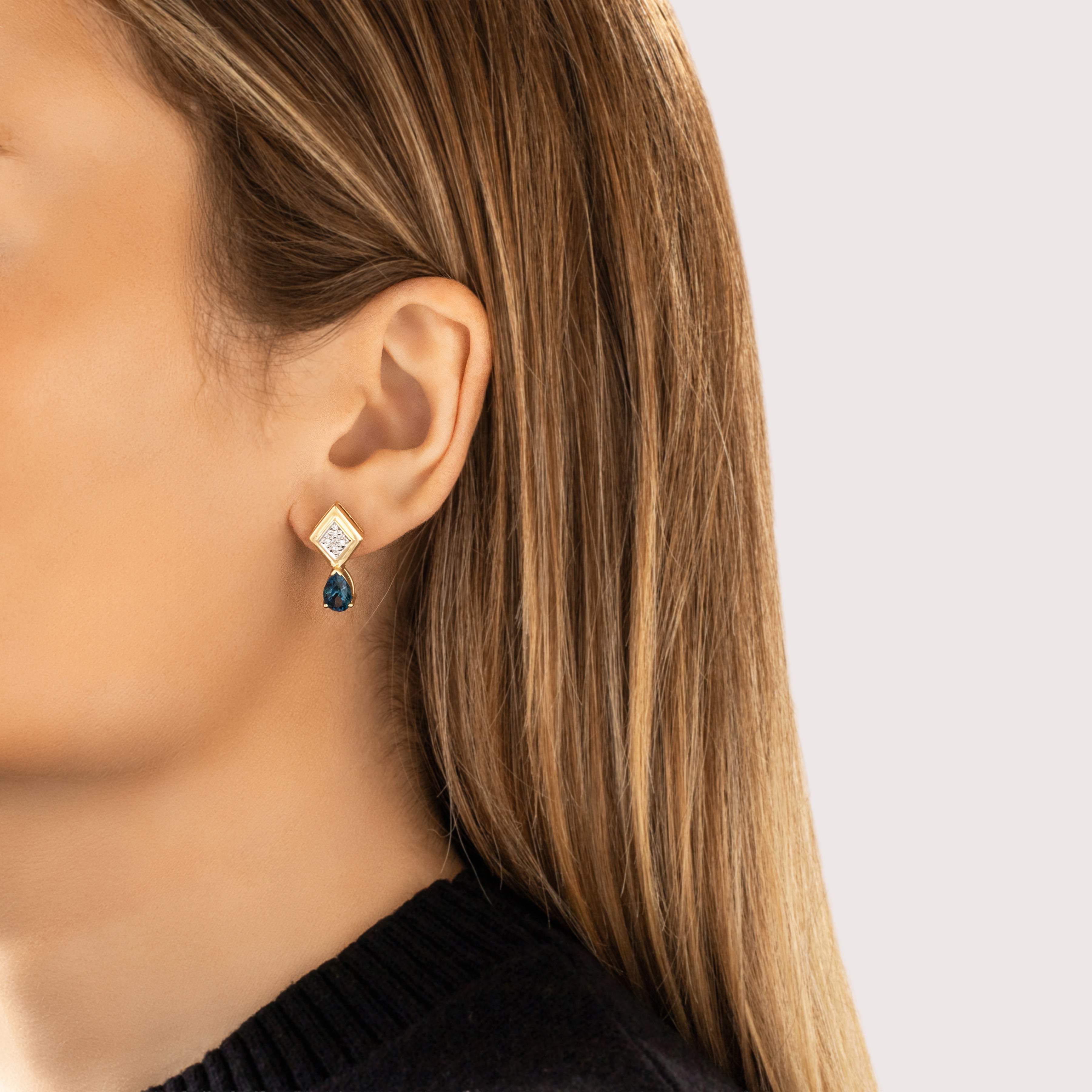 Estate 14k Yellow Gold 3.21cttw London Blue Topaz Diamond Sparkling Geometric Drop Stud Earrings - On model view