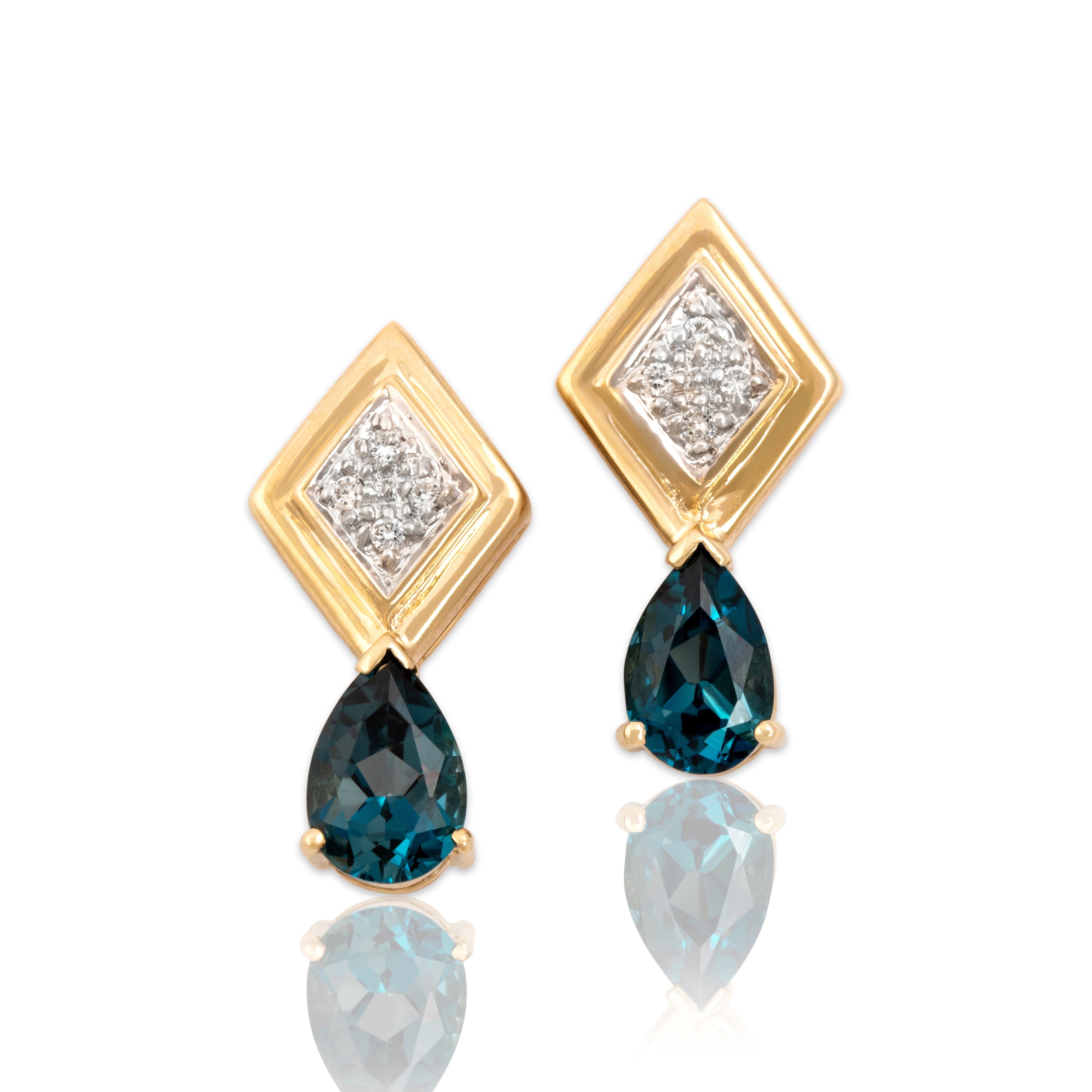 Estate 14k Yellow Gold 3.21cttw London Blue Topaz Diamond Sparkling Geometric Drop Stud Earrings - Close-up view