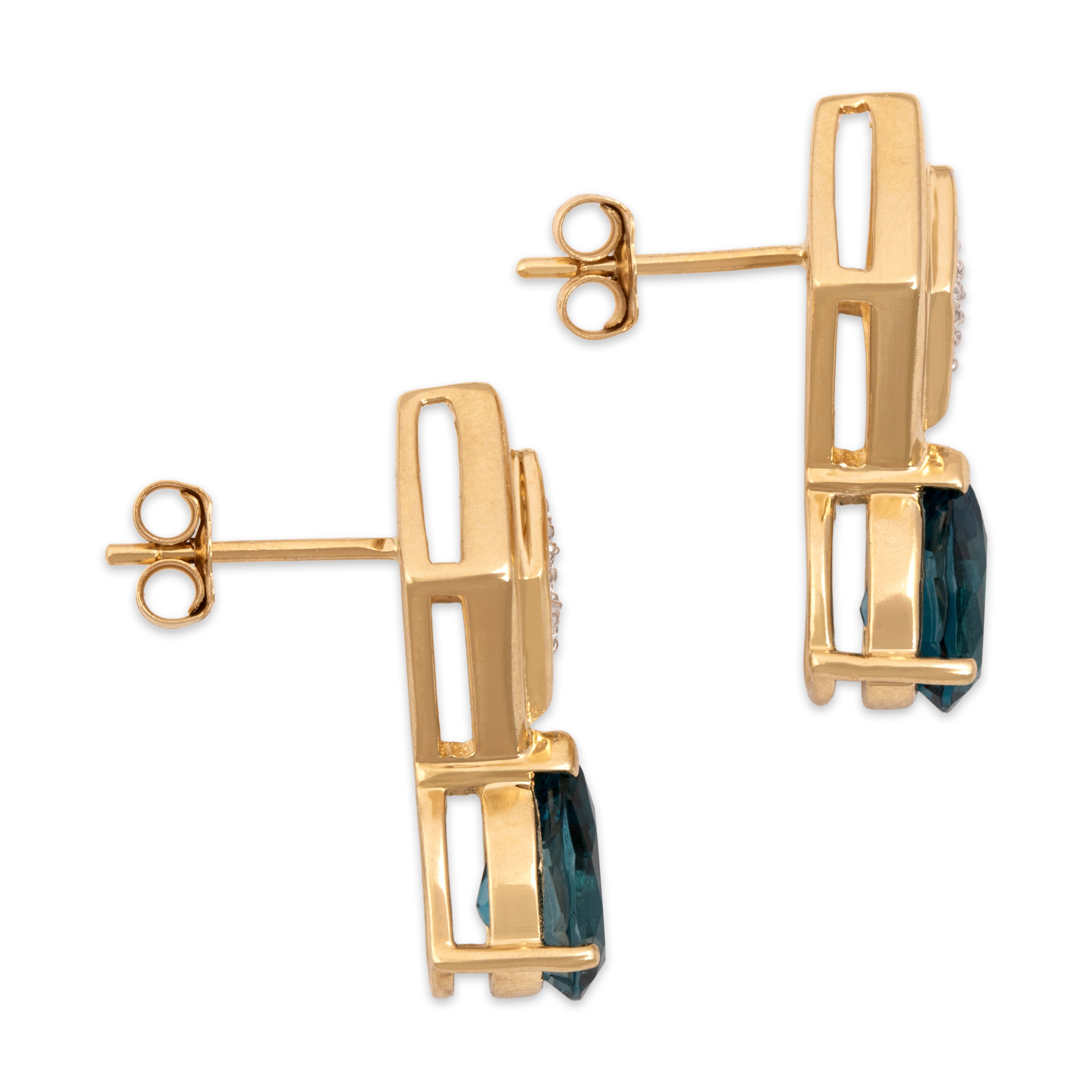 Estate 14k Yellow Gold 3.21cttw London Blue Topaz Diamond Sparkling Geometric Drop Stud Earrings - Side view