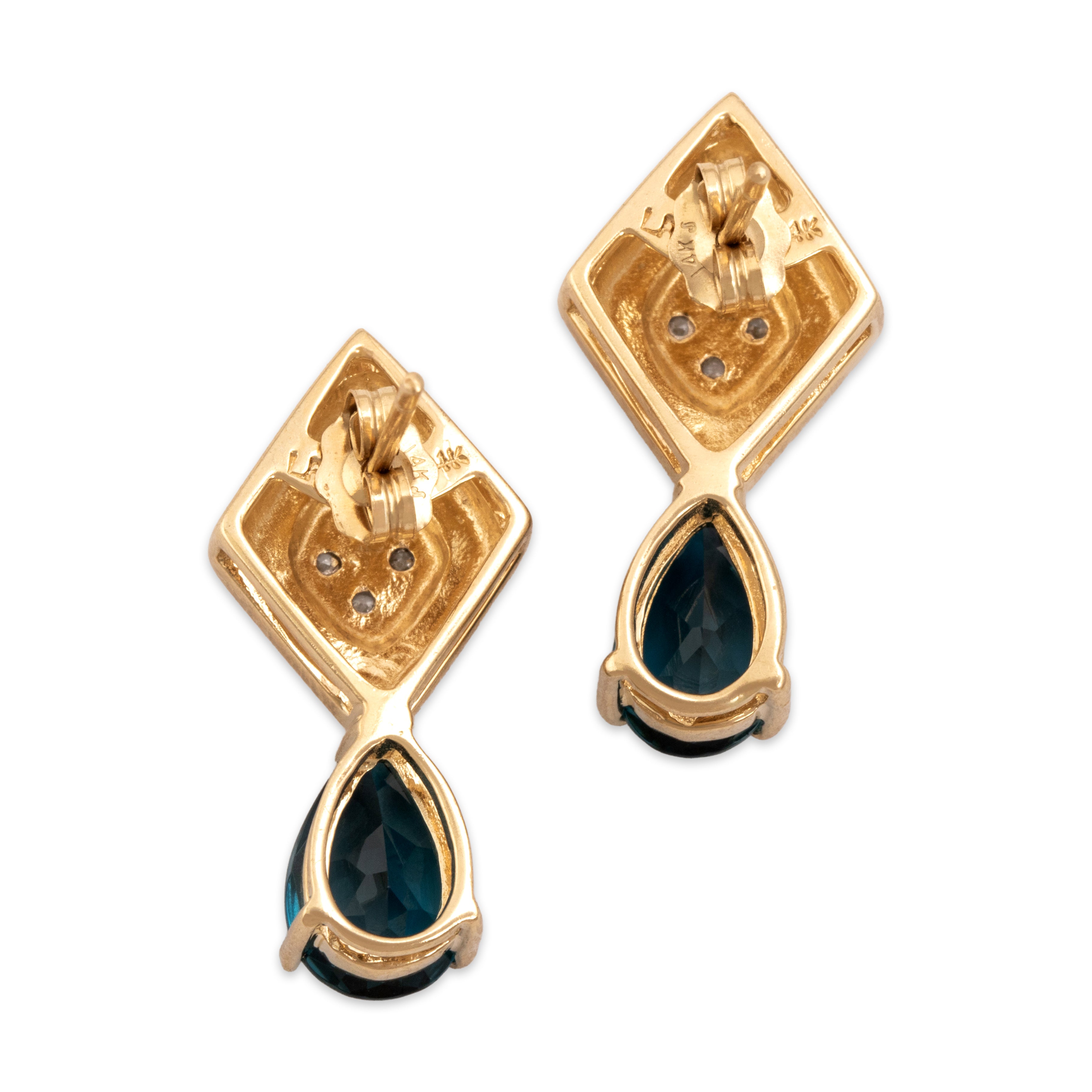 Estate 14k Yellow Gold 3.21cttw London Blue Topaz Diamond Sparkling Geometric Drop Stud Earrings - Back view