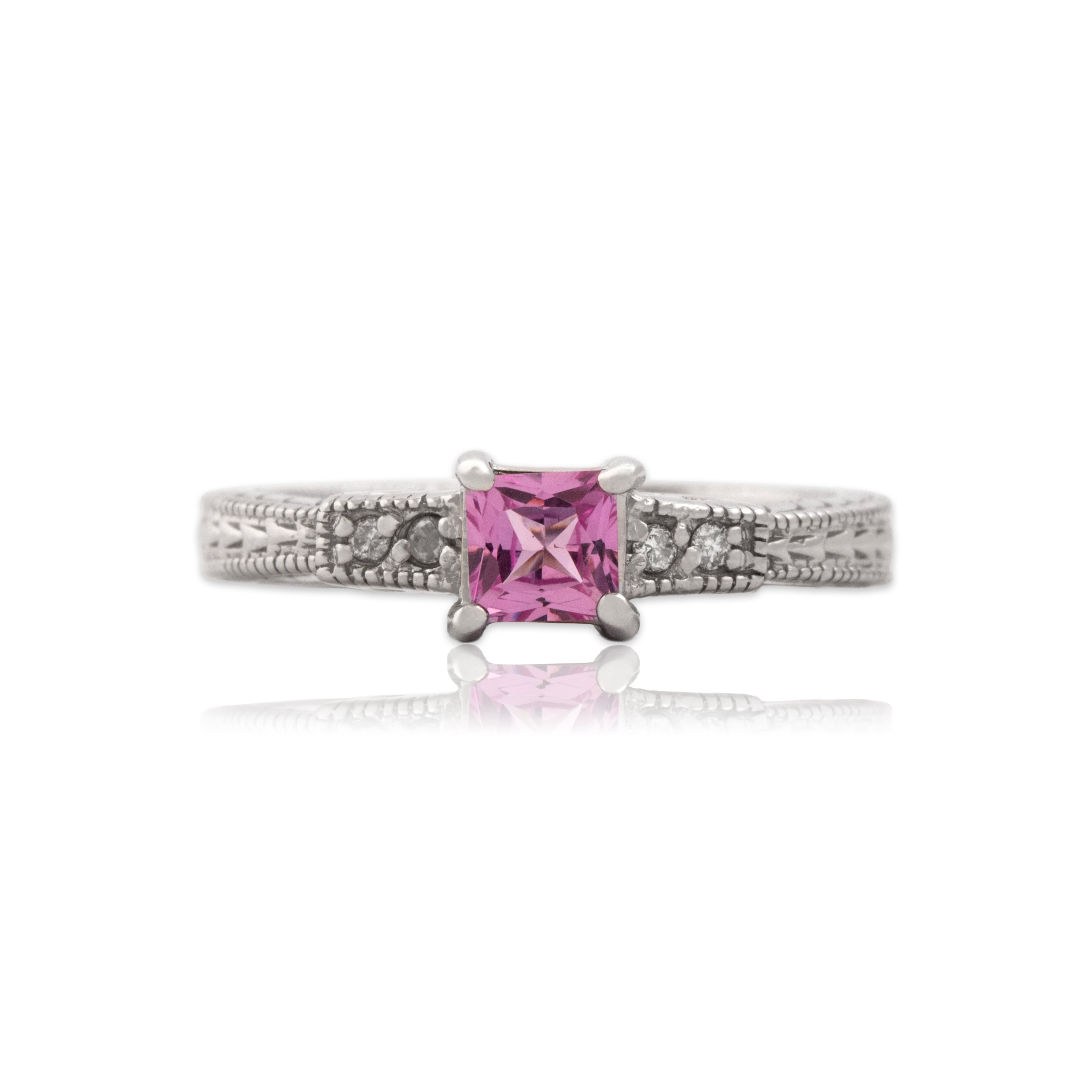 Vintage 14k White Gold Pink Sapphire Diamond Patterned Band Square-Cut Ring - Close-up view