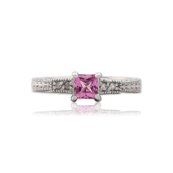 Vintage 14k White Gold Pink Synthetic Sapphire Natural Diamond Patterned Band Square-Cut Ring 4.25