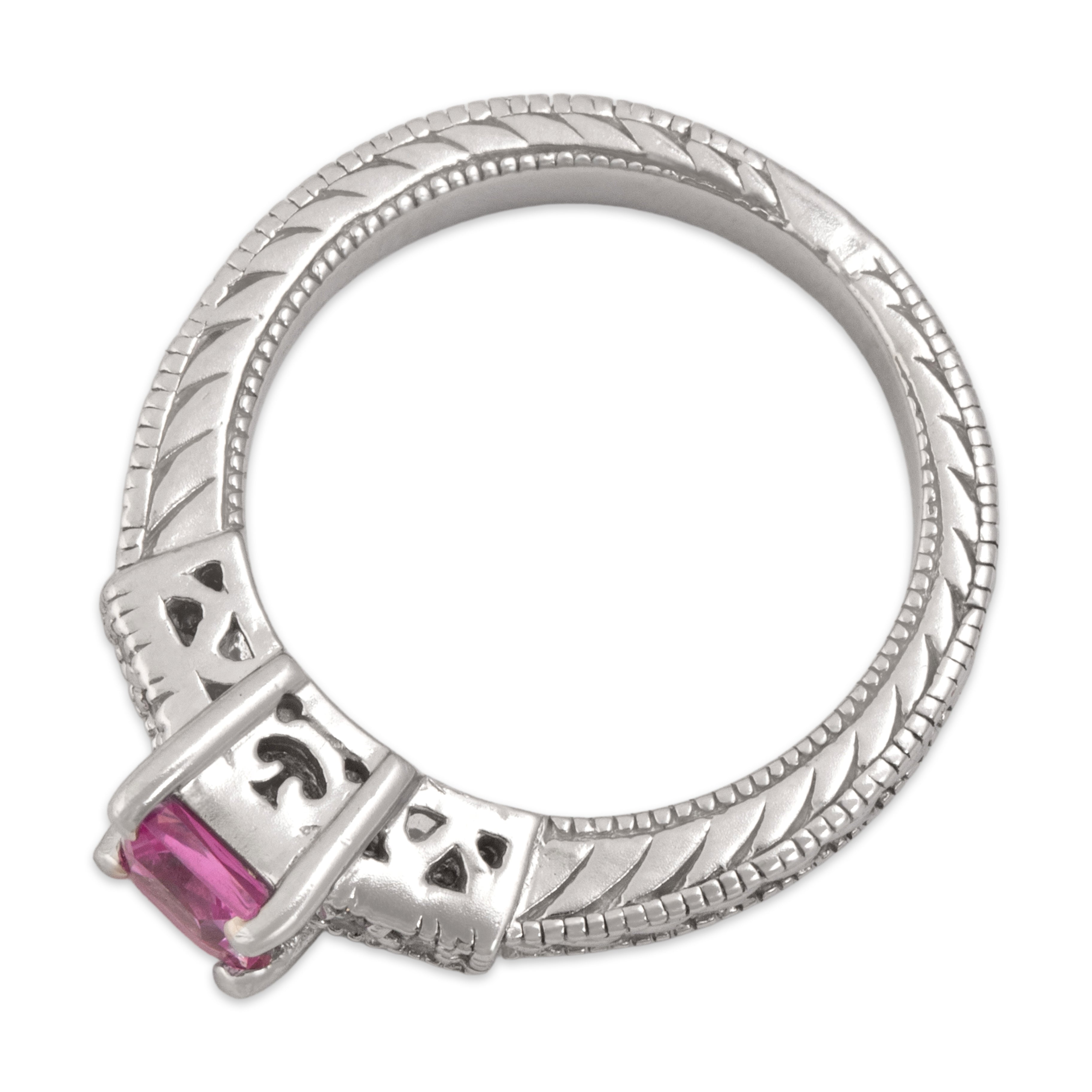 Vintage 14k White Gold Pink Sapphire Diamond Patterned Band Square-Cut Ring - Overall view