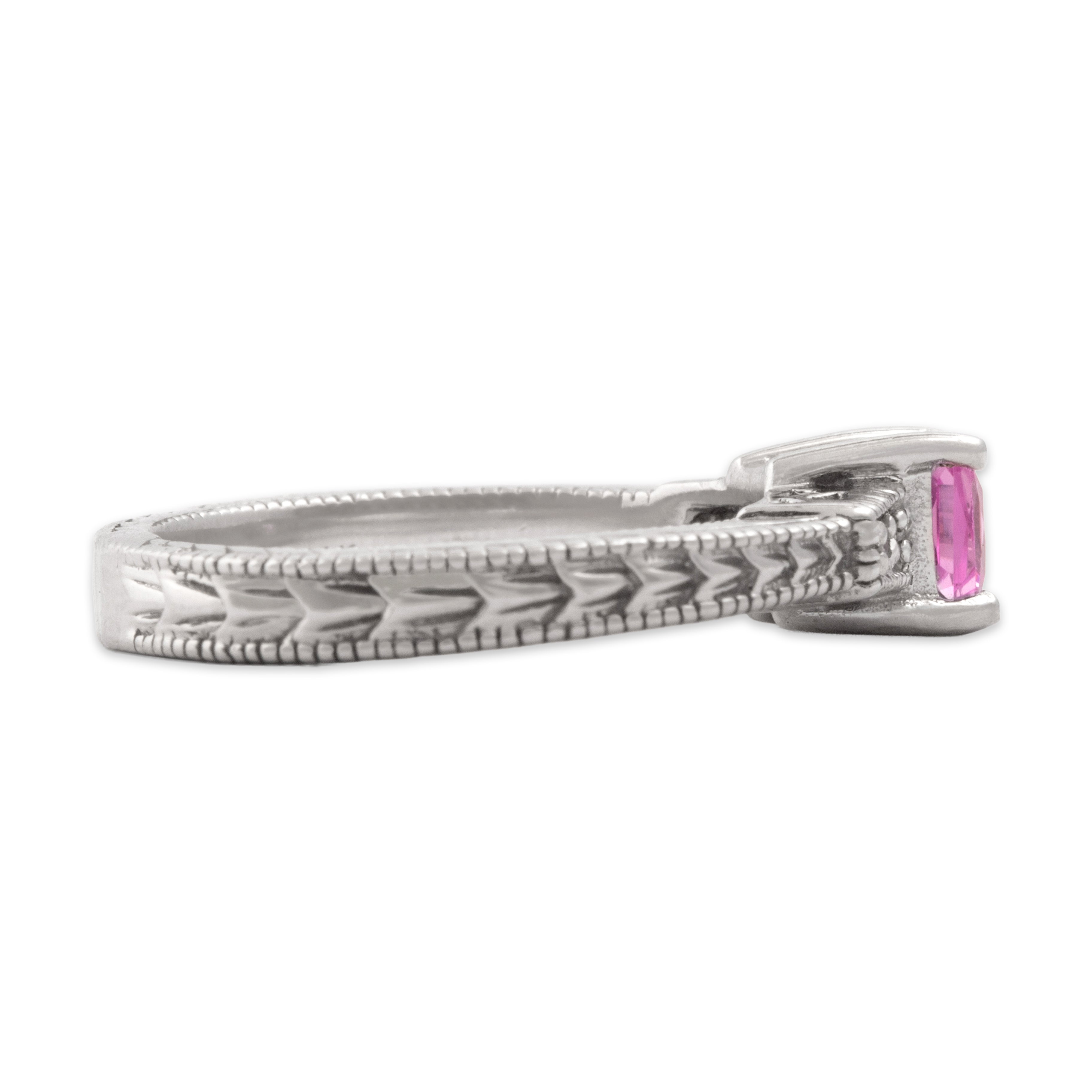 Vintage 14k White Gold Pink Sapphire Diamond Patterned Band Square-Cut Ring - Side view