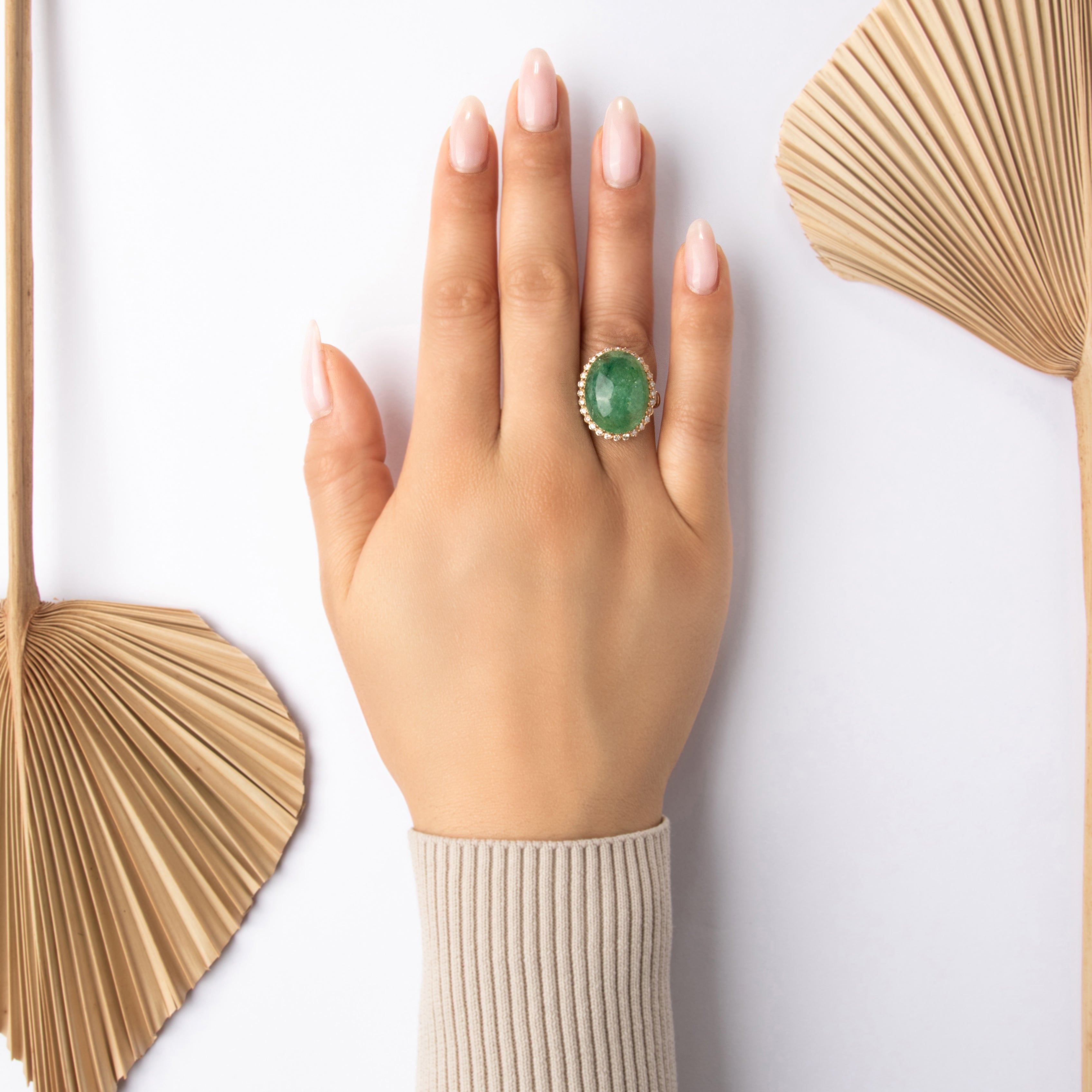 Vintage Heavy 14k Yellow Gold 23.78ct Jade Diamond Cabochon Halo Cocktail Ring - On model view