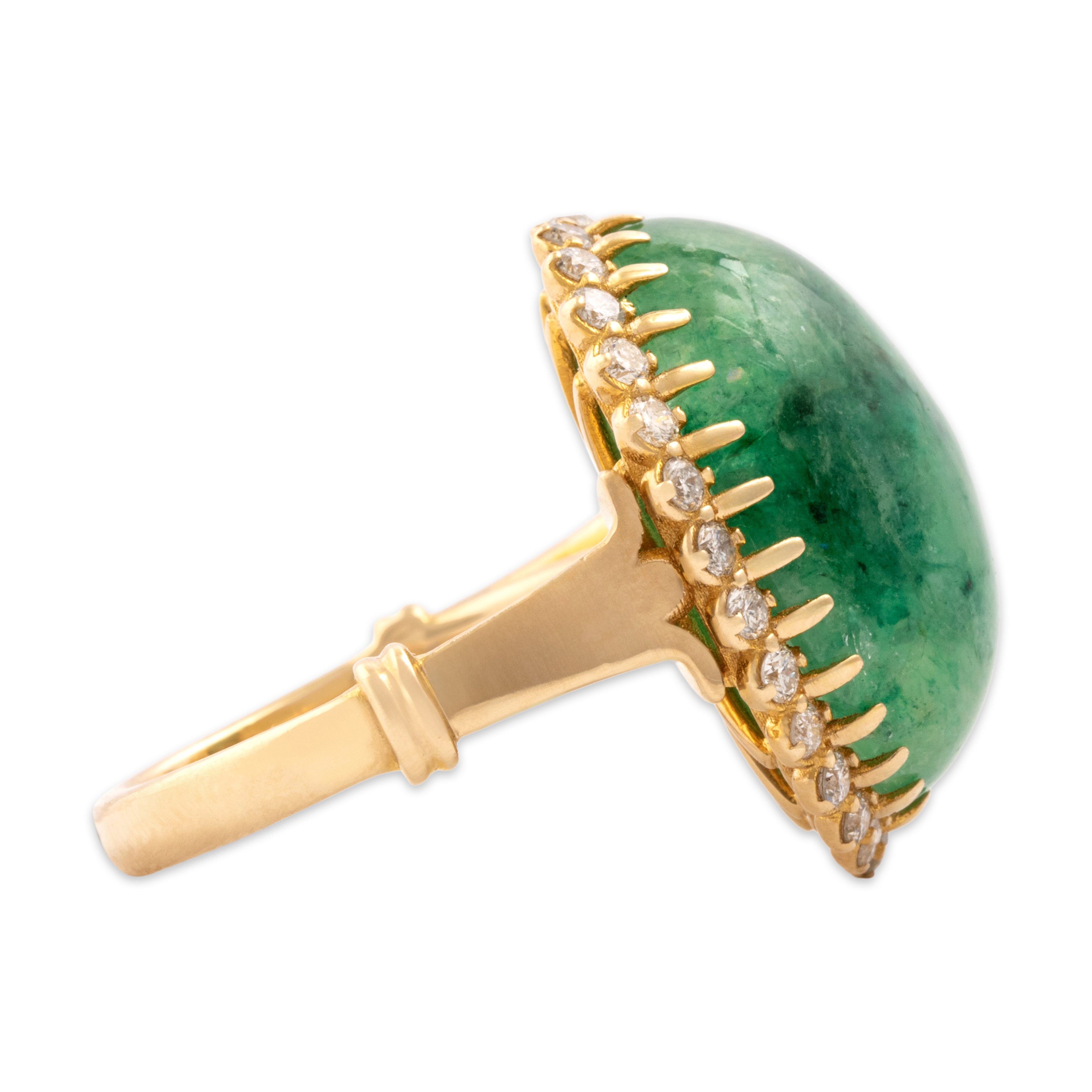 Vintage Heavy 14k Yellow Gold 23.78ct Jade Diamond Cabochon Halo Cocktail Ring - Side view
