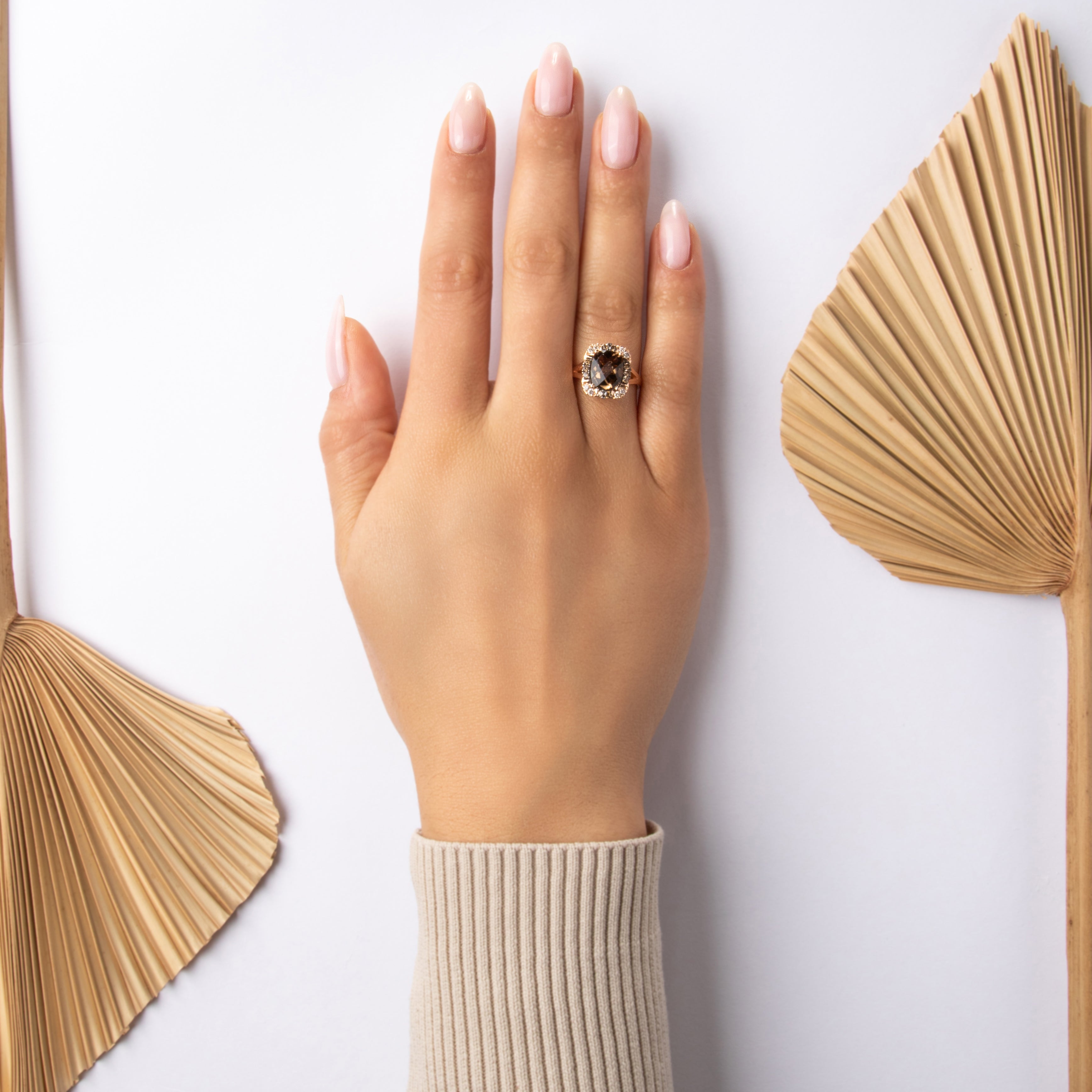 Estate 14k Rose Gold 2.74ct Smoky Quartz Chocolate Diamond White Diamond Checkerboard Cushion Brilliant Halo Ring - On model view