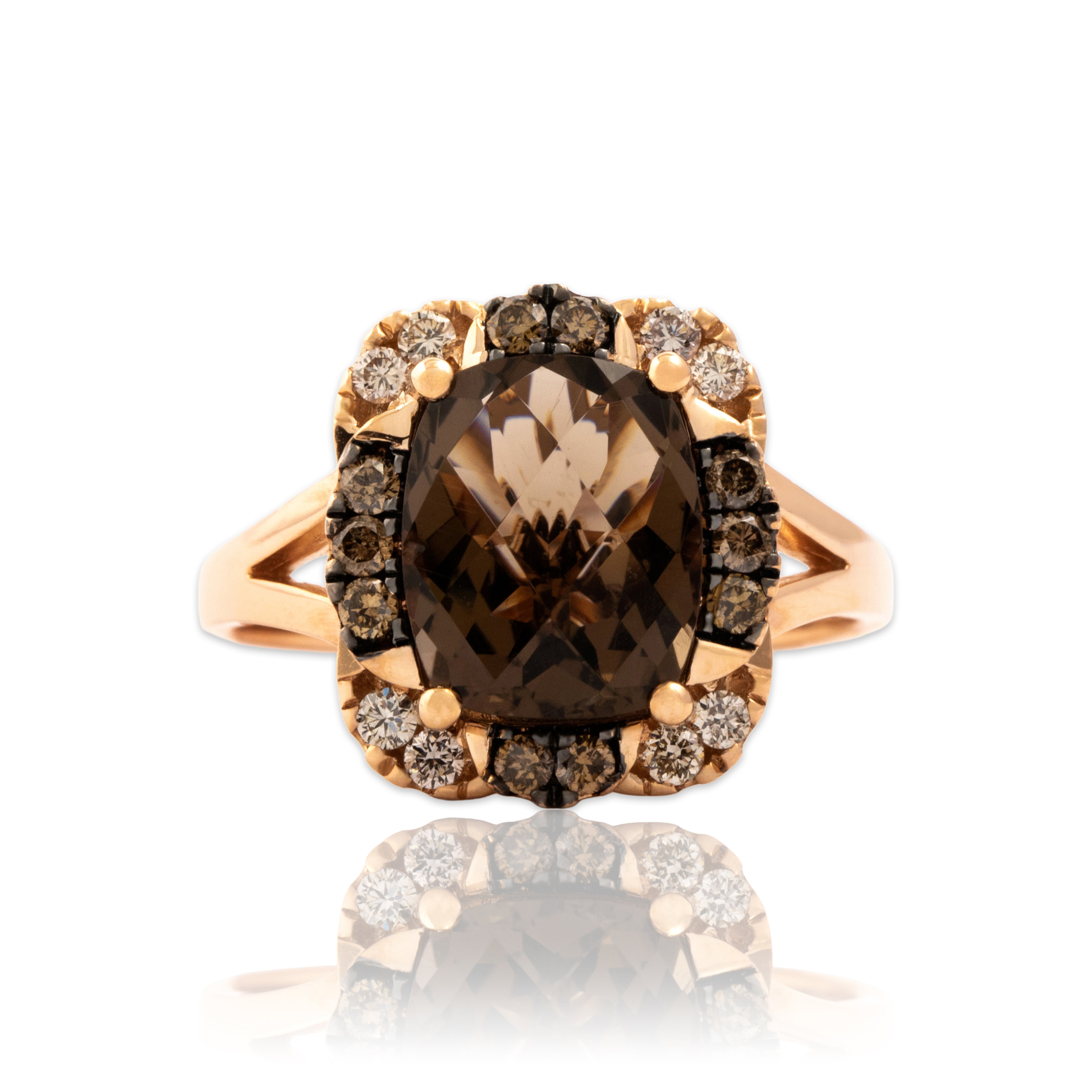 Estate 14k Rose Gold 2.74ct Smoky Quartz Chocolate Diamond White Diamond Checkerboard Cushion Brilliant Halo Ring - Close-up view