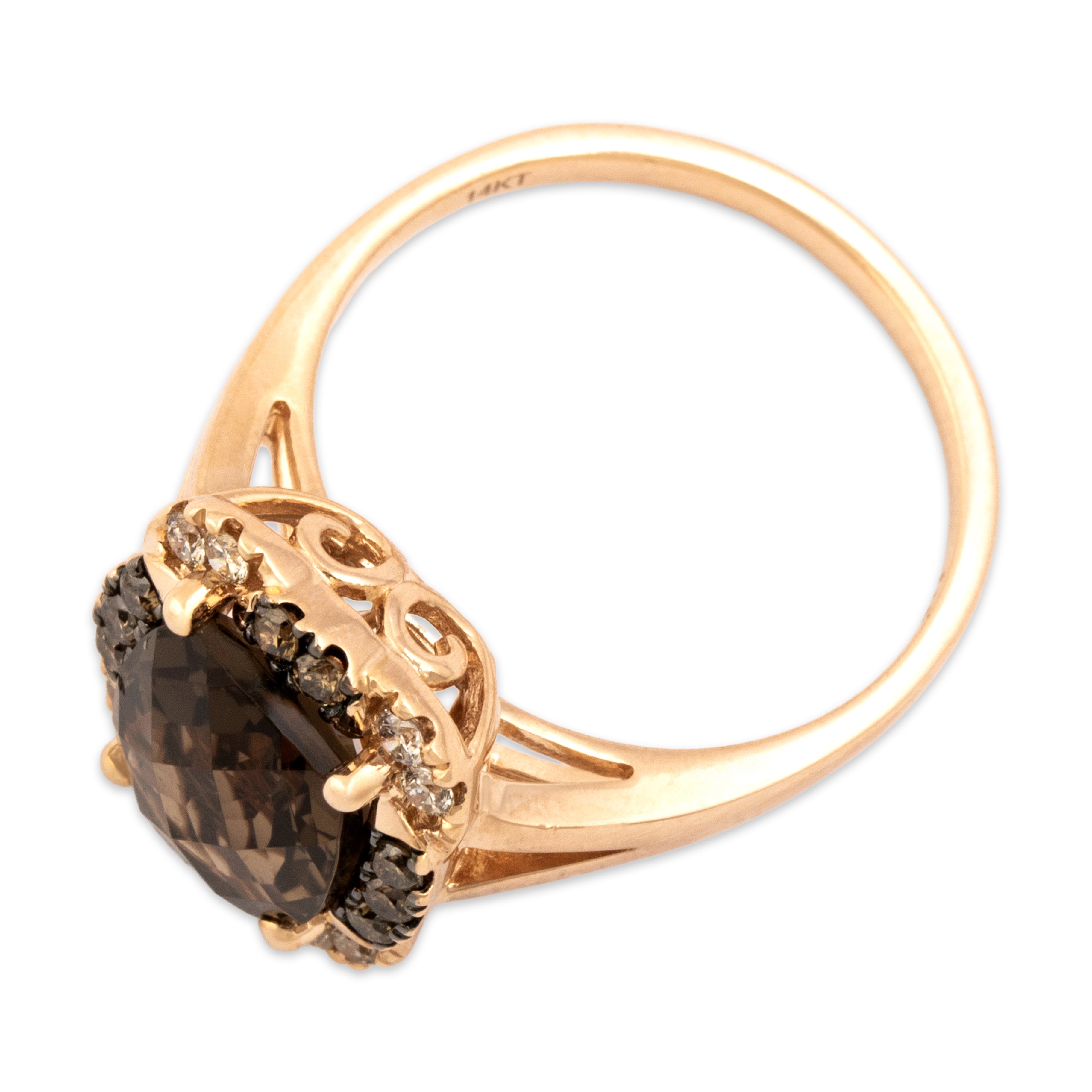 Estate 14k Rose Gold 2.74ct Smoky Quartz Chocolate Diamond White Diamond Checkerboard Cushion Brilliant Halo Ring - Overall view