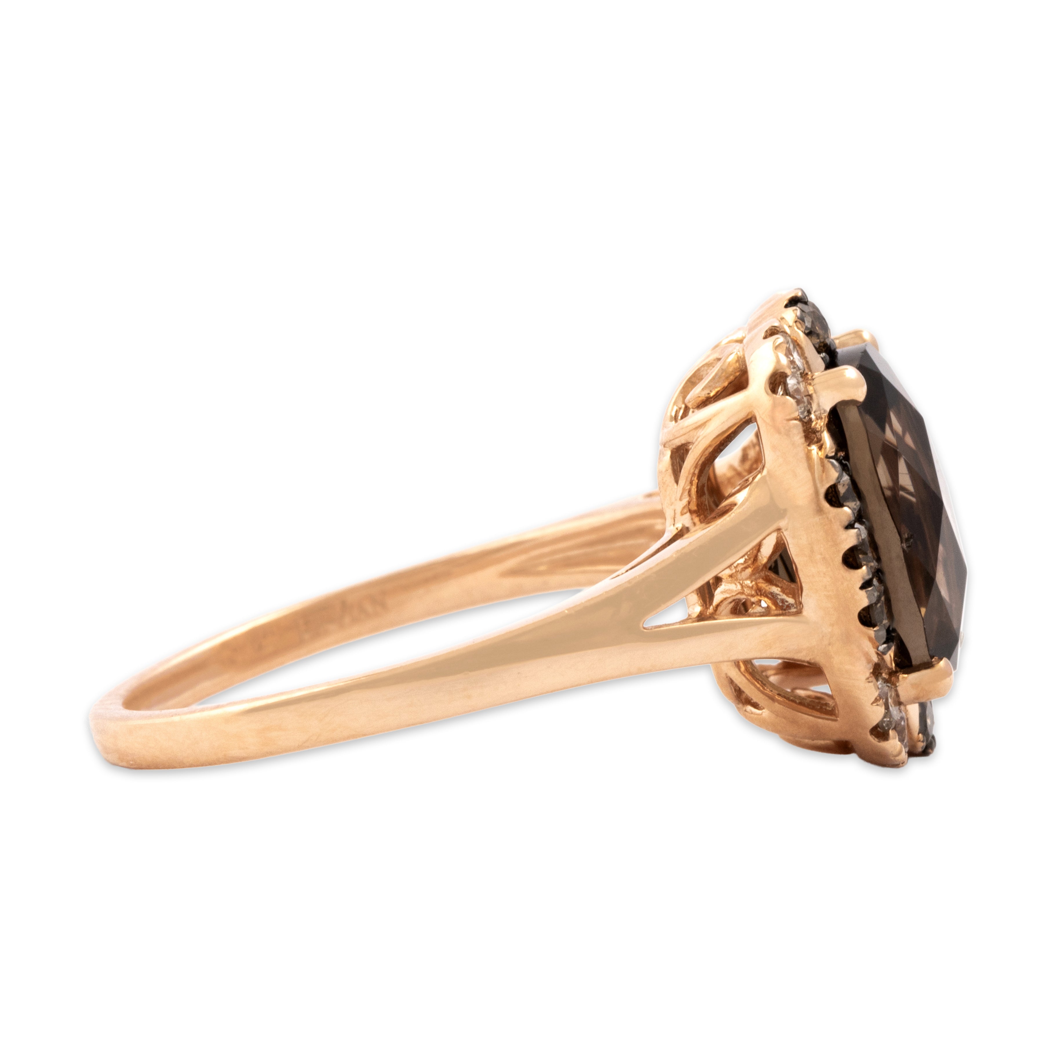 Estate 14k Rose Gold 2.74ct Smoky Quartz Chocolate Diamond White Diamond Checkerboard Cushion Brilliant Halo Ring - Side view