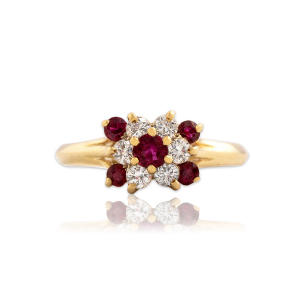 Vintage 14k Yellow Gold Ruby Diamond Bright Accented Flower Halo Ring 7.00