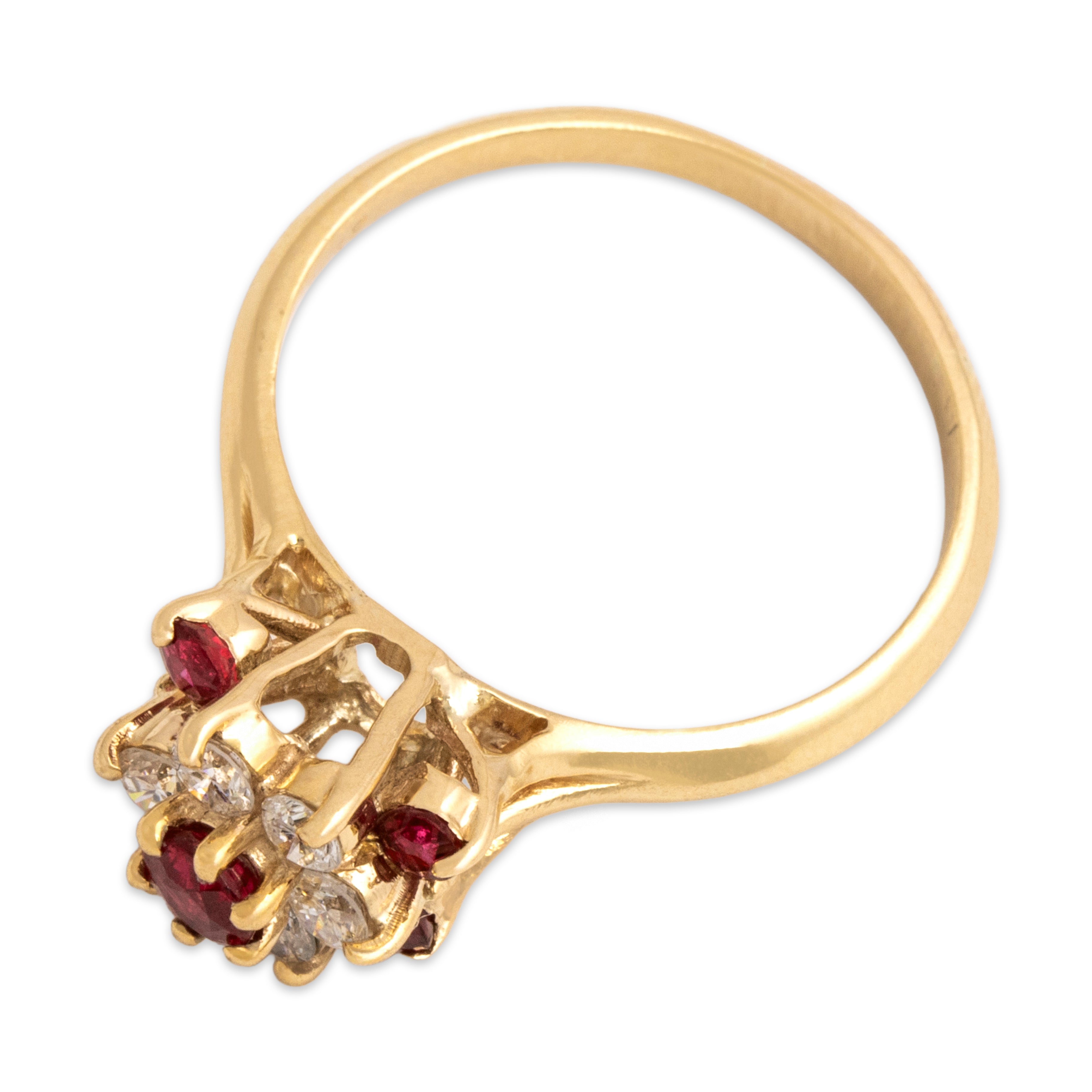 Vintage 14k Yellow Gold Ruby Diamond Bright Accented Flower Halo Ring 7.00