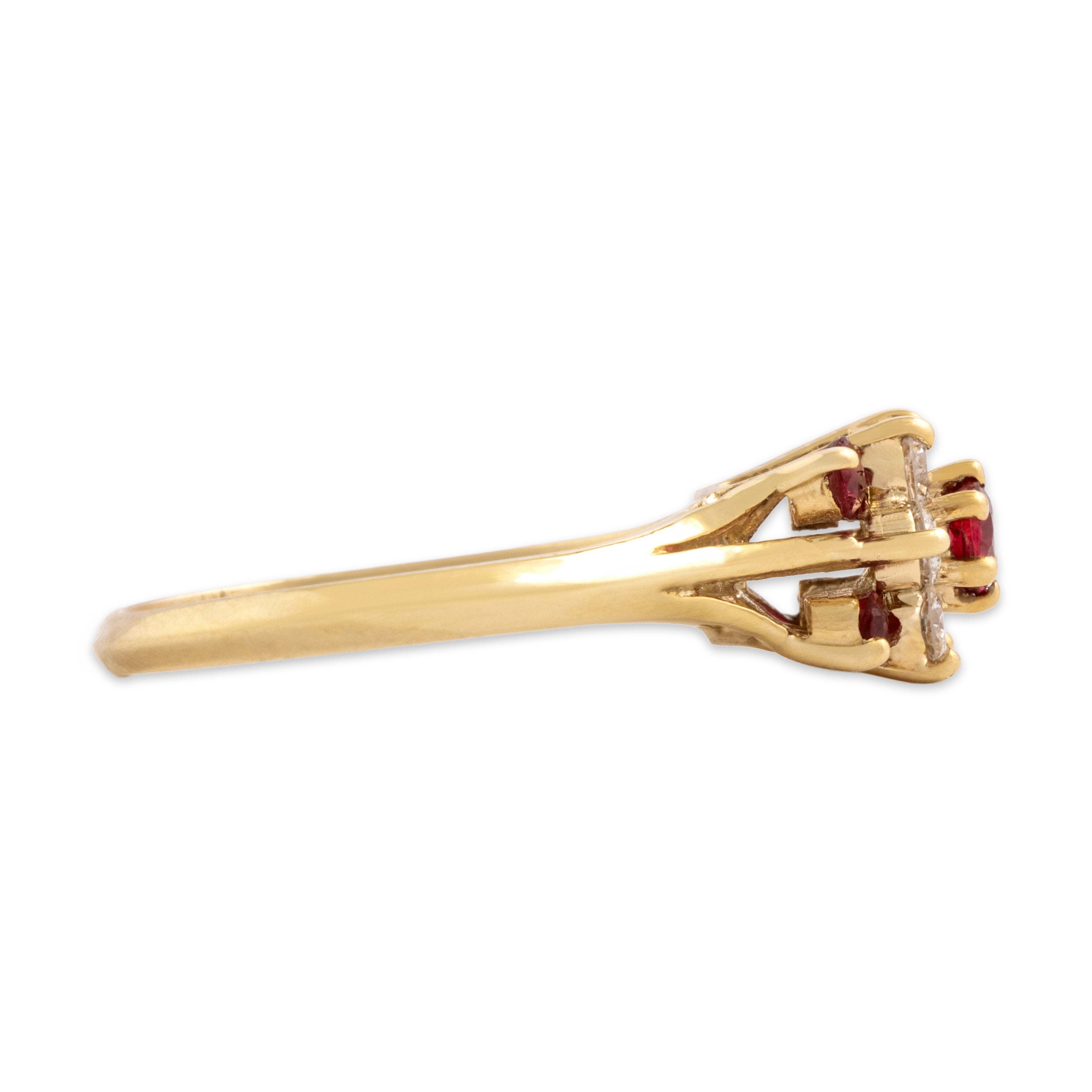 Vintage 14k Yellow Gold Ruby Diamond Bright Accented Flower Halo Ring 7.00