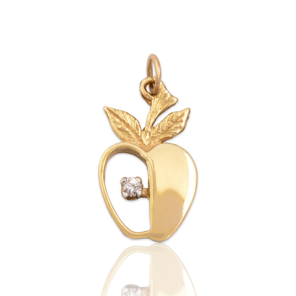 Vintage 14k Yellow Gold .03ct Diamond Lucky Golden Apple Charm / Pendant
