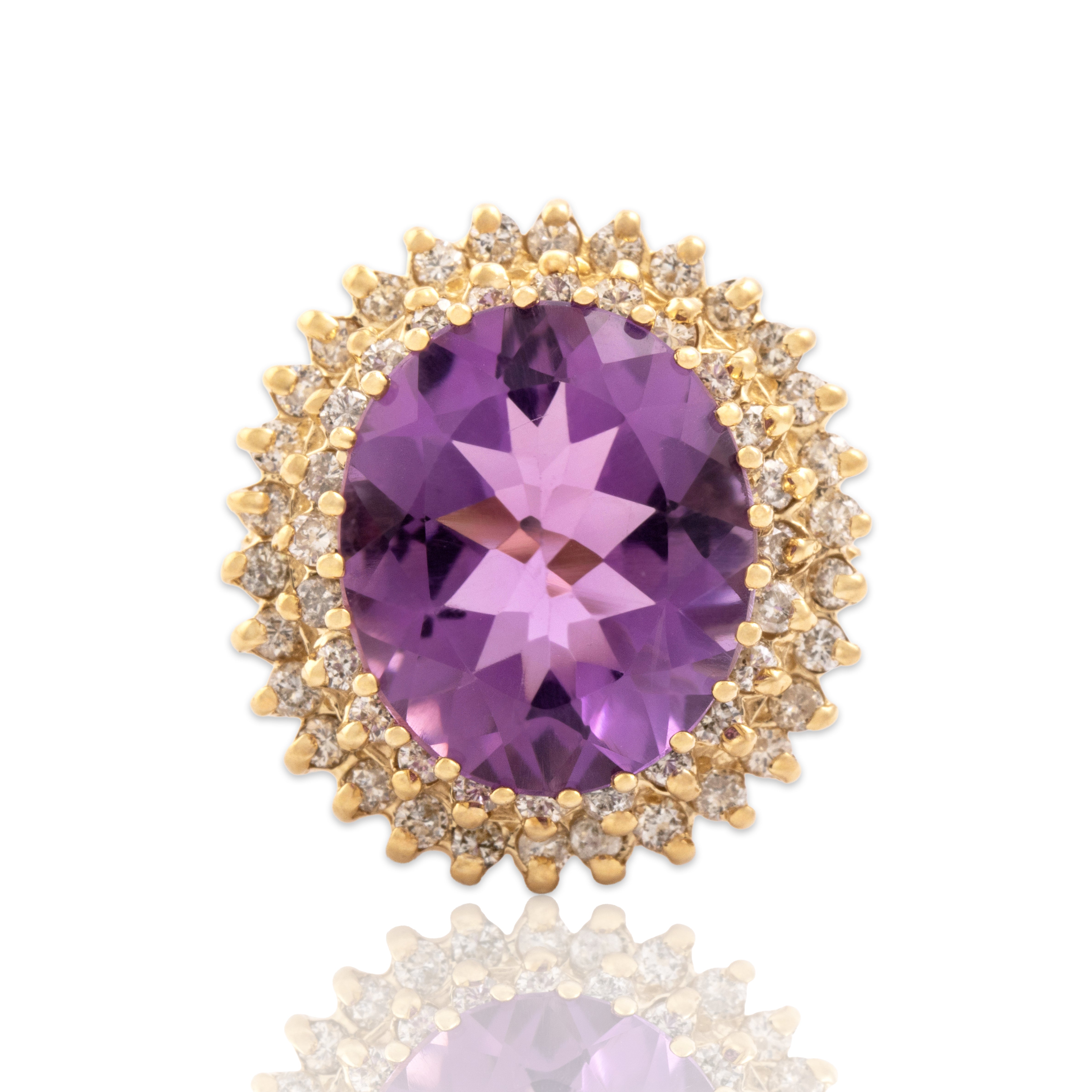 Vintage 14k Yellow Gold 6.18ct Amethyst .57cttw Diamond Bold Halo Cocktail Ring - Close-up view