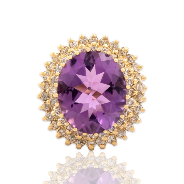 Vintage 14k Yellow Gold 6.18ct Amethyst .57cttw Diamond Bold Halo Cocktail Ring 6.75