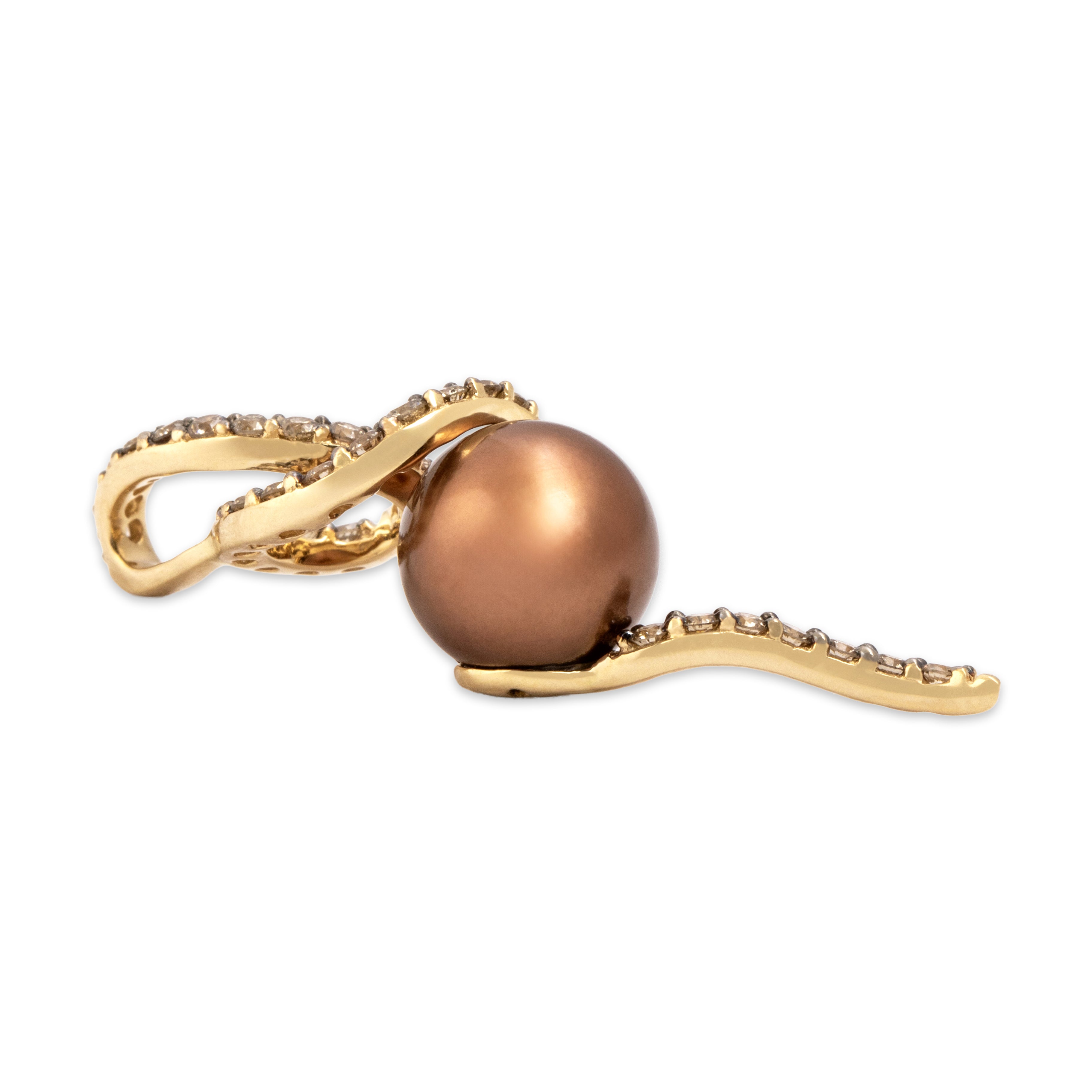 Vintage 14k Yellow Gold .64cttw Champagne Diamond Chocolate Pearl Pave Set Swirl Pendant - Side view