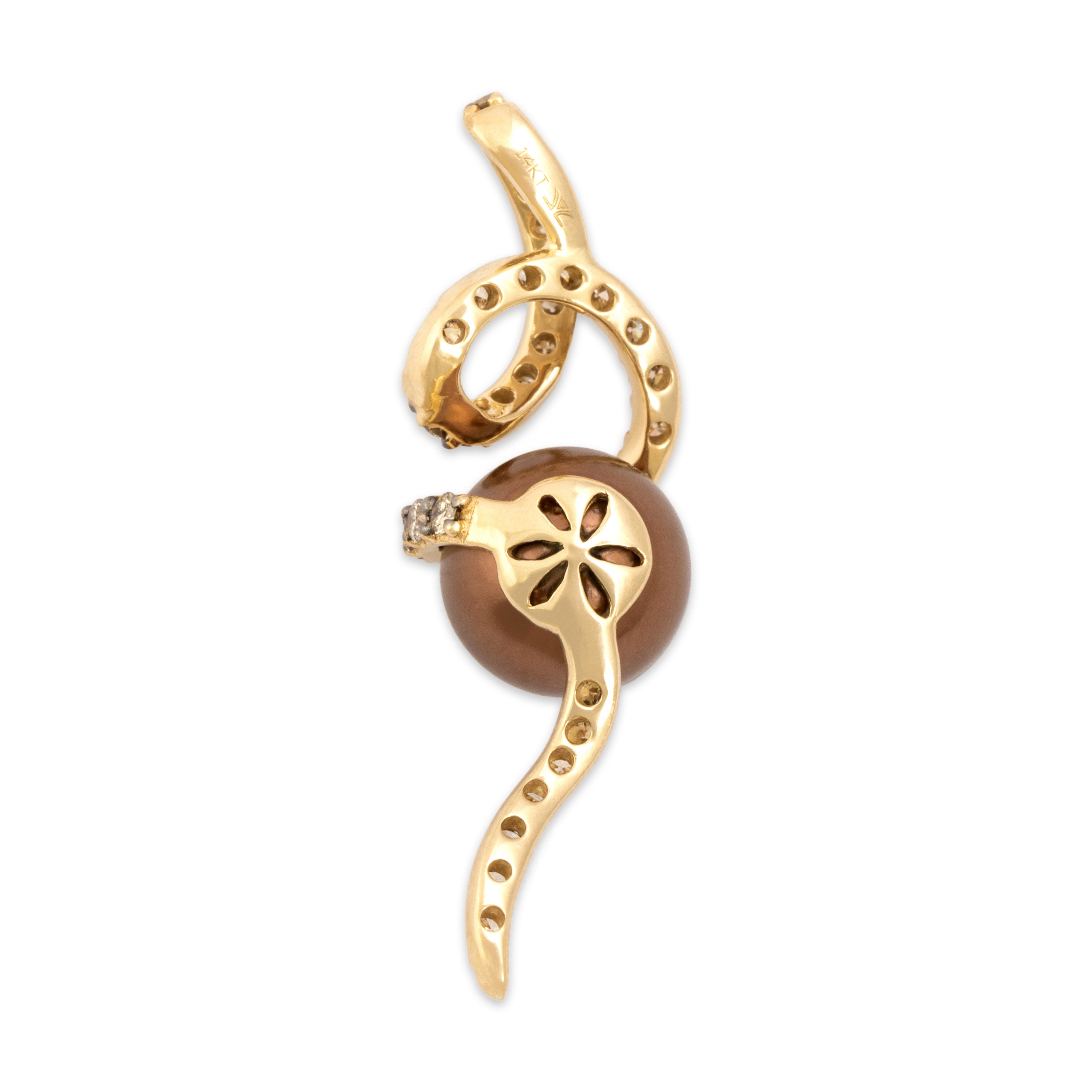 Vintage 14k Yellow Gold .64cttw Champagne Diamond Chocolate Pearl Pave Set Swirl Pendant - Back view