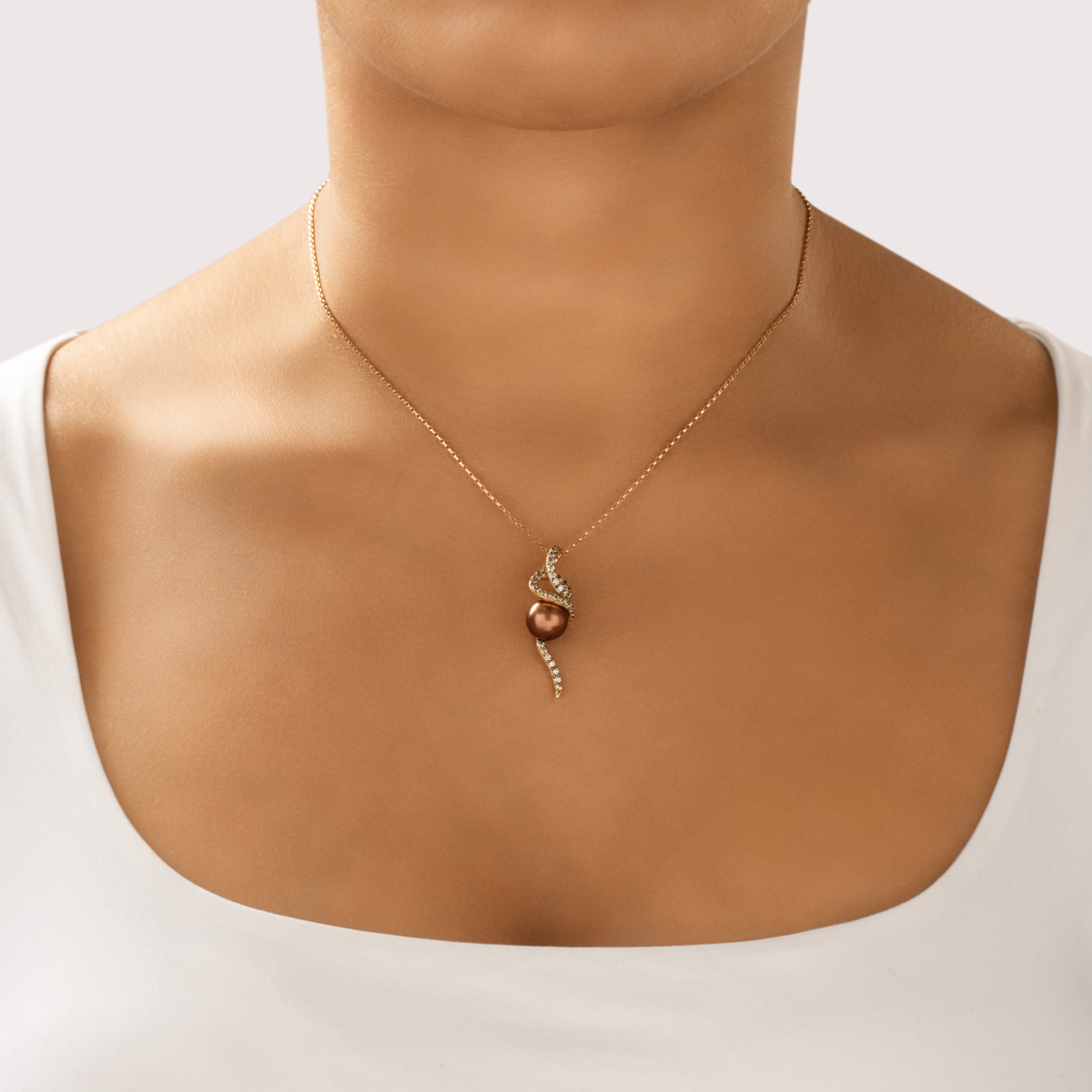 Vintage 14k Yellow Gold .64cttw Champagne Diamond Chocolate Pearl Pave Set Swirl Pendant - On model view