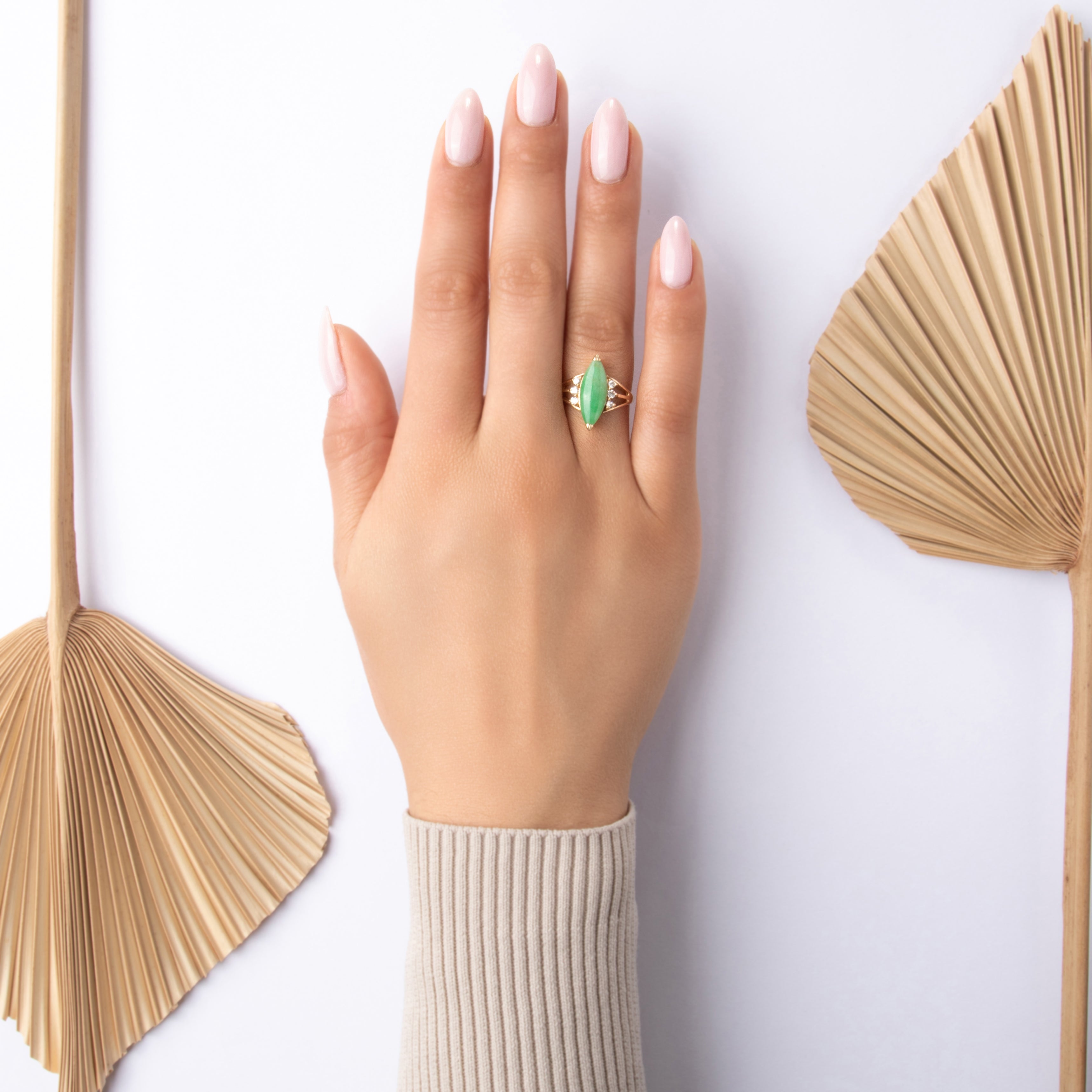 Vintage 14k Yellow Gold 2.9ct Jade Diamond Elegant Accented Navette Ring - On model view