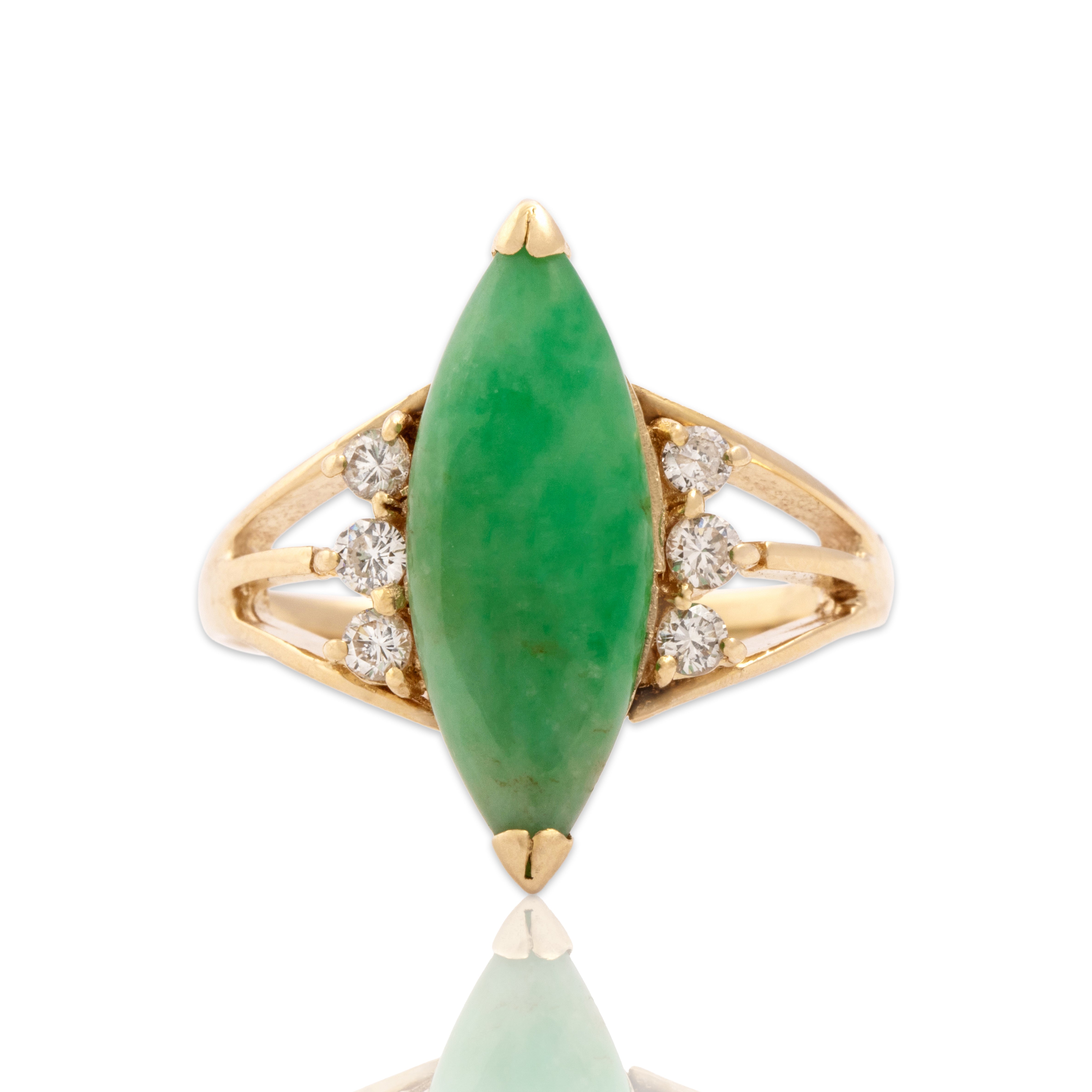 Vintage 14k Yellow Gold 2.9ct Jade Diamond Elegant Accented Navette Ring - Close-up view