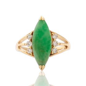 Vintage 14k Yellow Gold 2.9ct Jade Diamond Elegant Accented Navette Ring 7.25