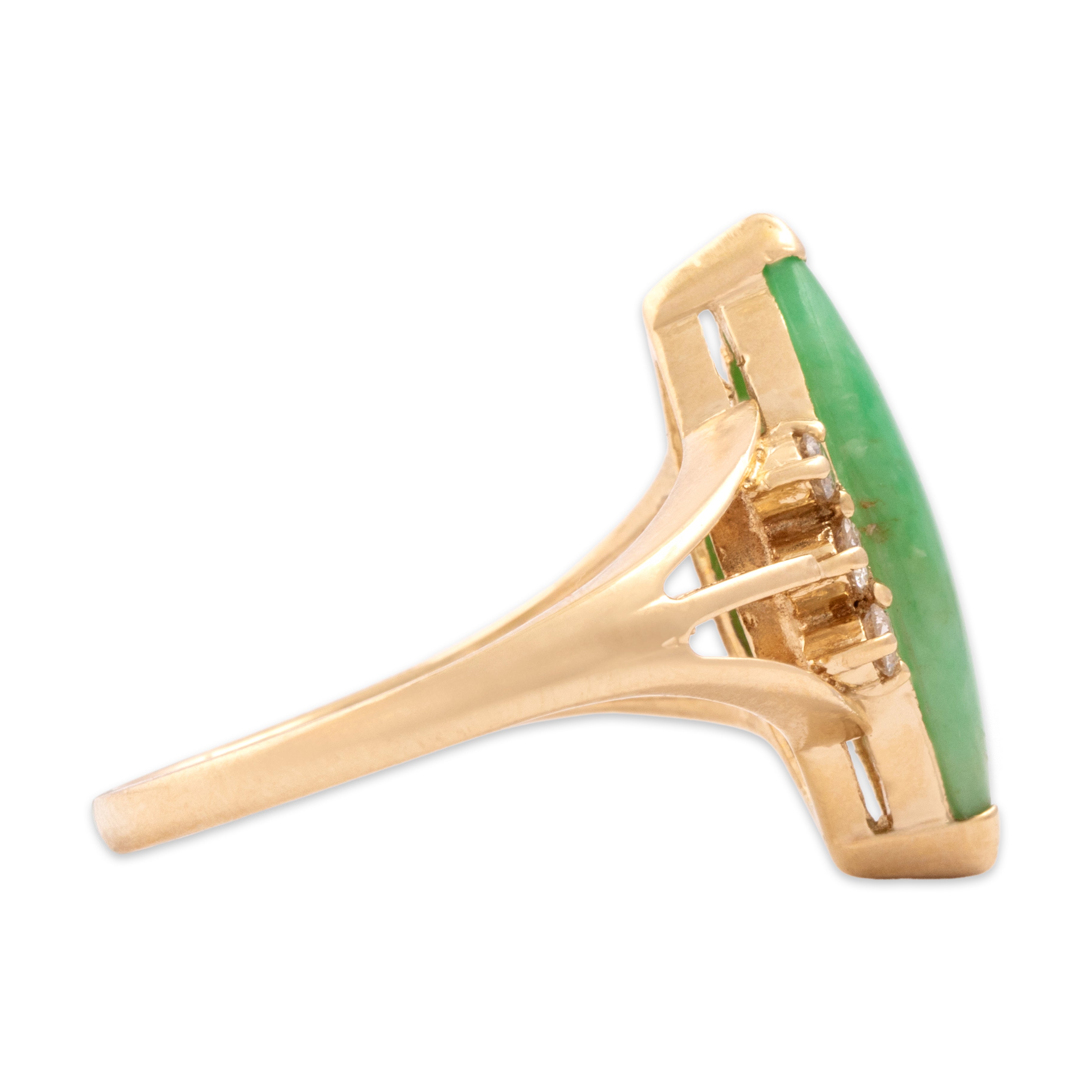 Vintage 14k Yellow Gold 2.9ct Jade Diamond Elegant Accented Navette Ring - Side view