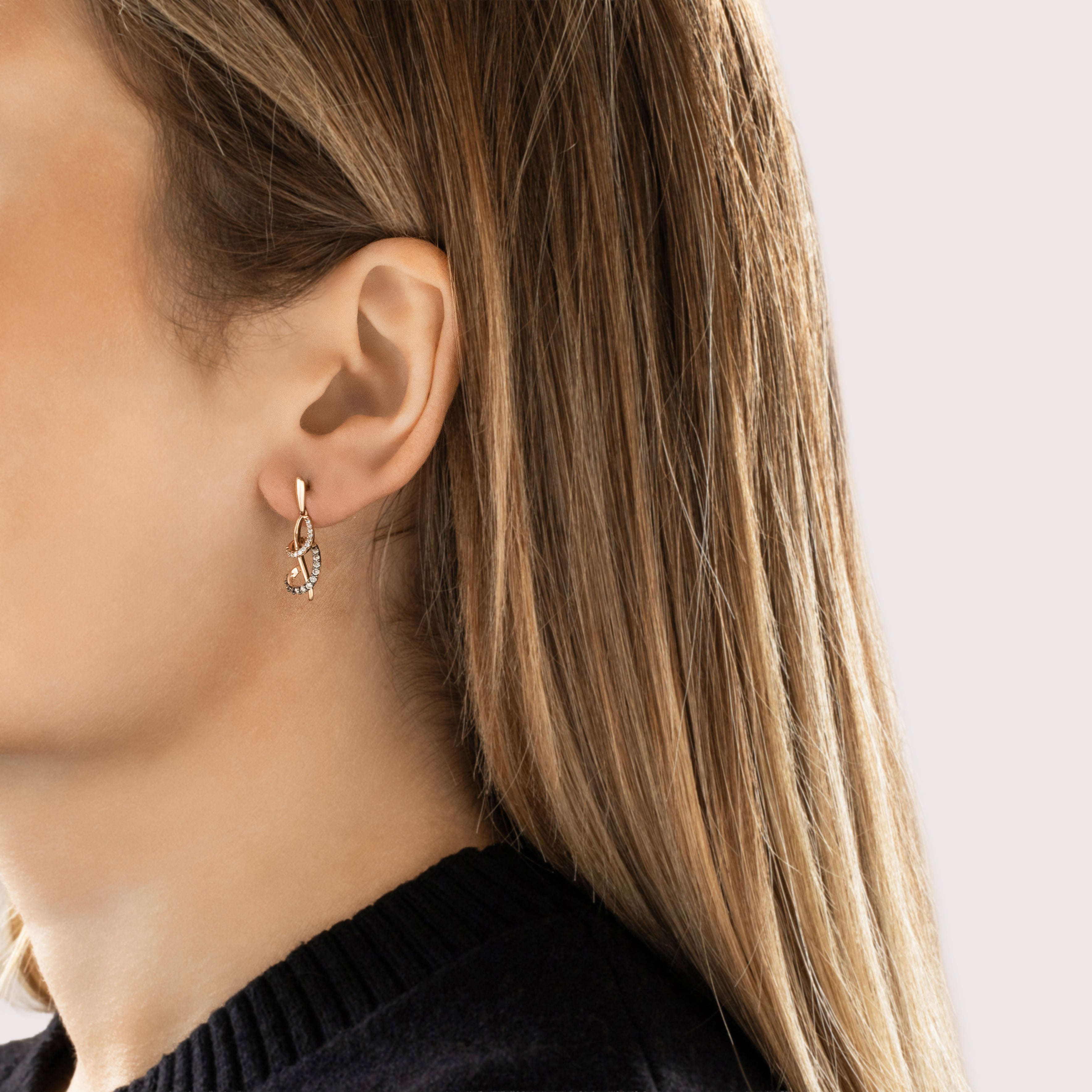 Estate 14k Rose Gold Chocolate Diamond Diamond Swirling Loop Dangle Earrings - On model view