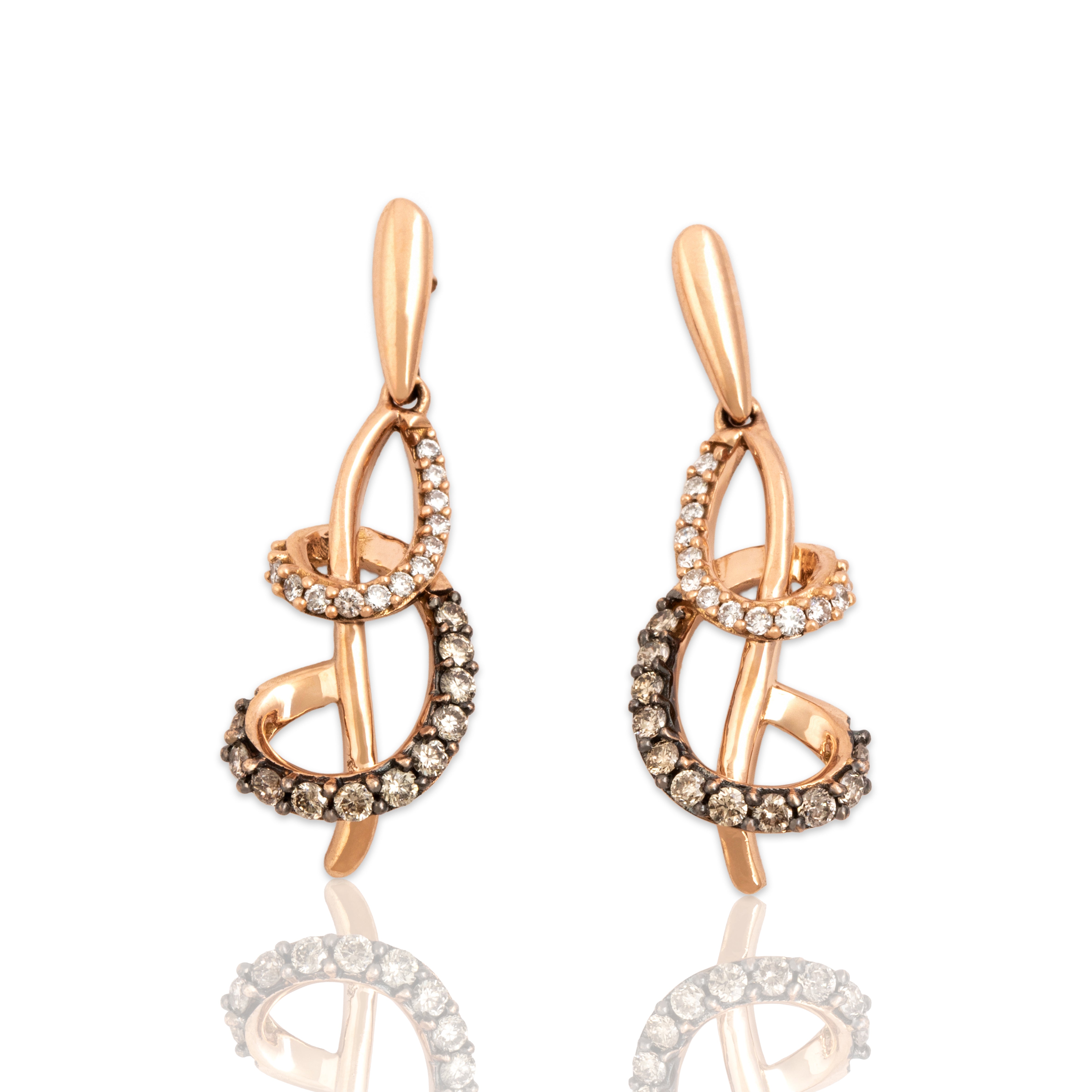 Estate 14k Rose Gold Chocolate Diamond Diamond Swirling Loop Dangle Earrings - Close-up view