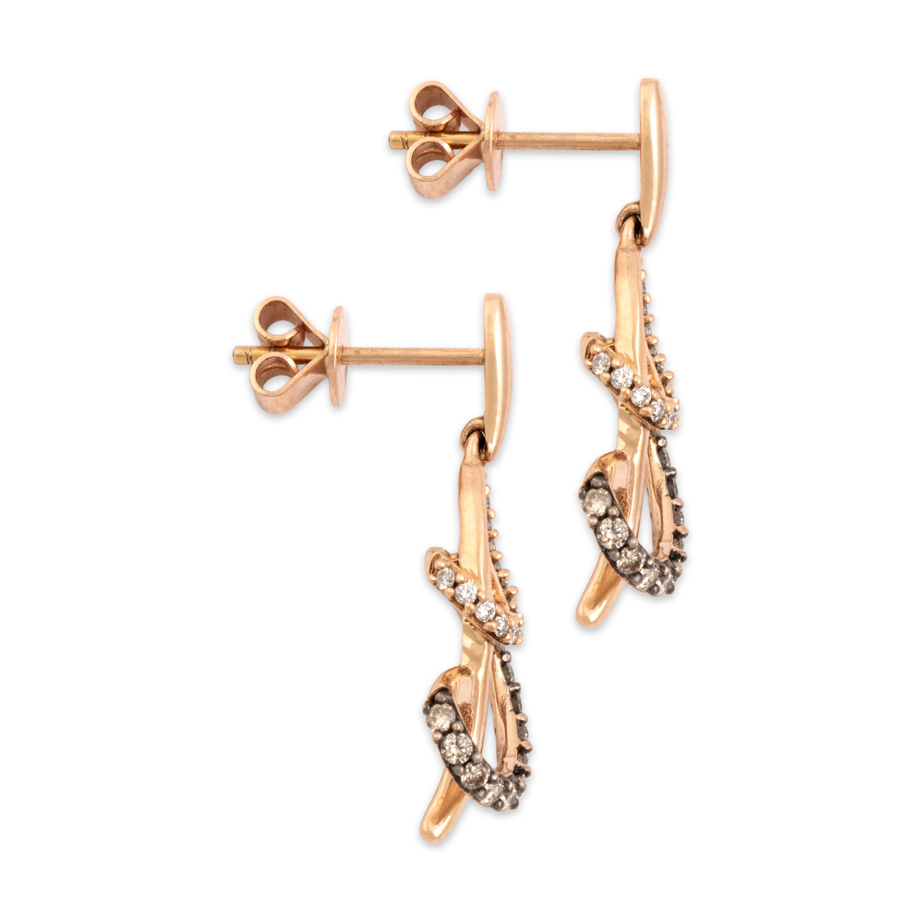 Estate 14k Rose Gold Chocolate Diamond Diamond Swirling Loop Dangle Earrings - Side view