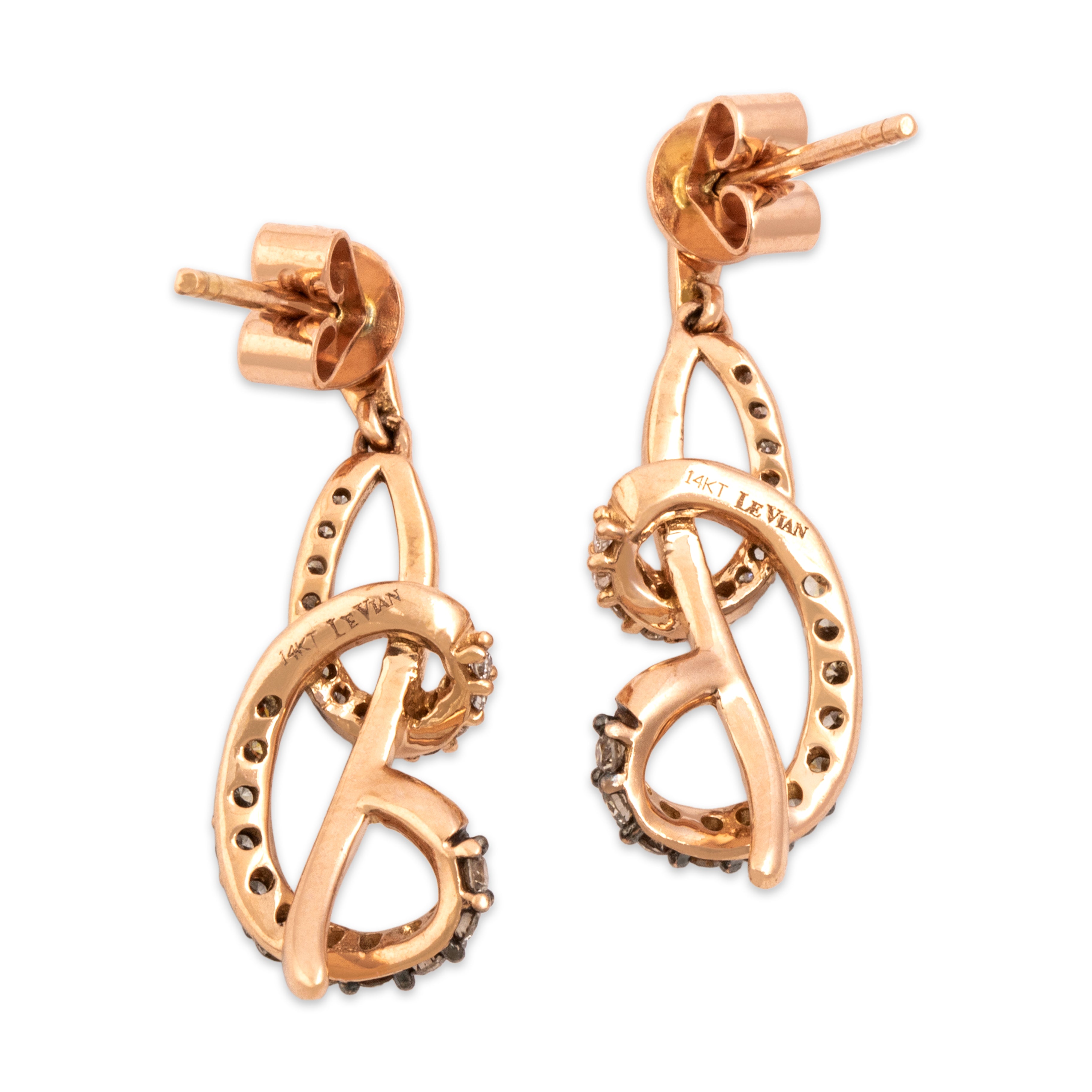 Estate 14k Rose Gold Chocolate Diamond Diamond Swirling Loop Dangle Earrings - Back view