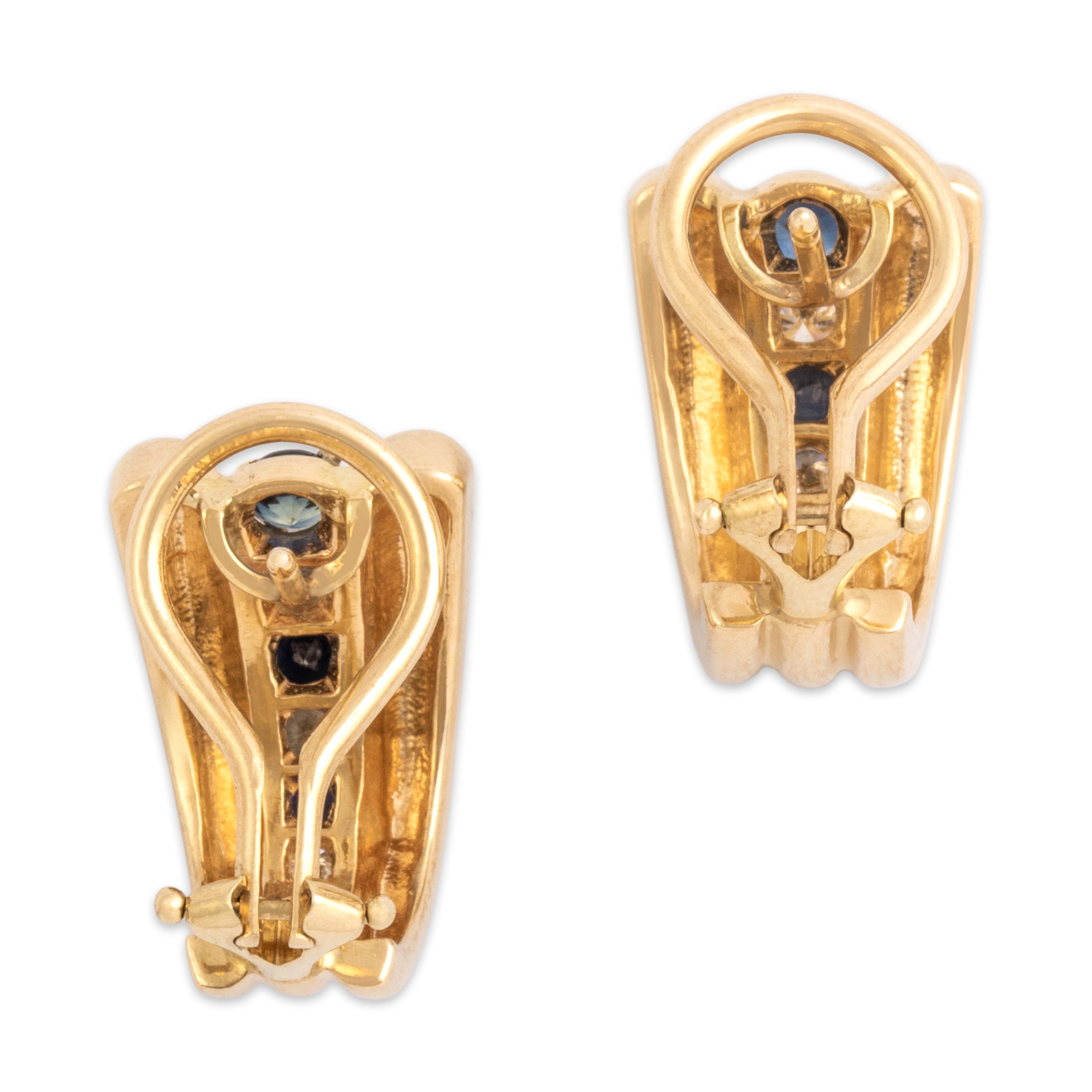Vintage 14k Yellow Gold .51cttw Blue Sapphire Diamond Bold Framed Line Omega-Back Earrings - Back view