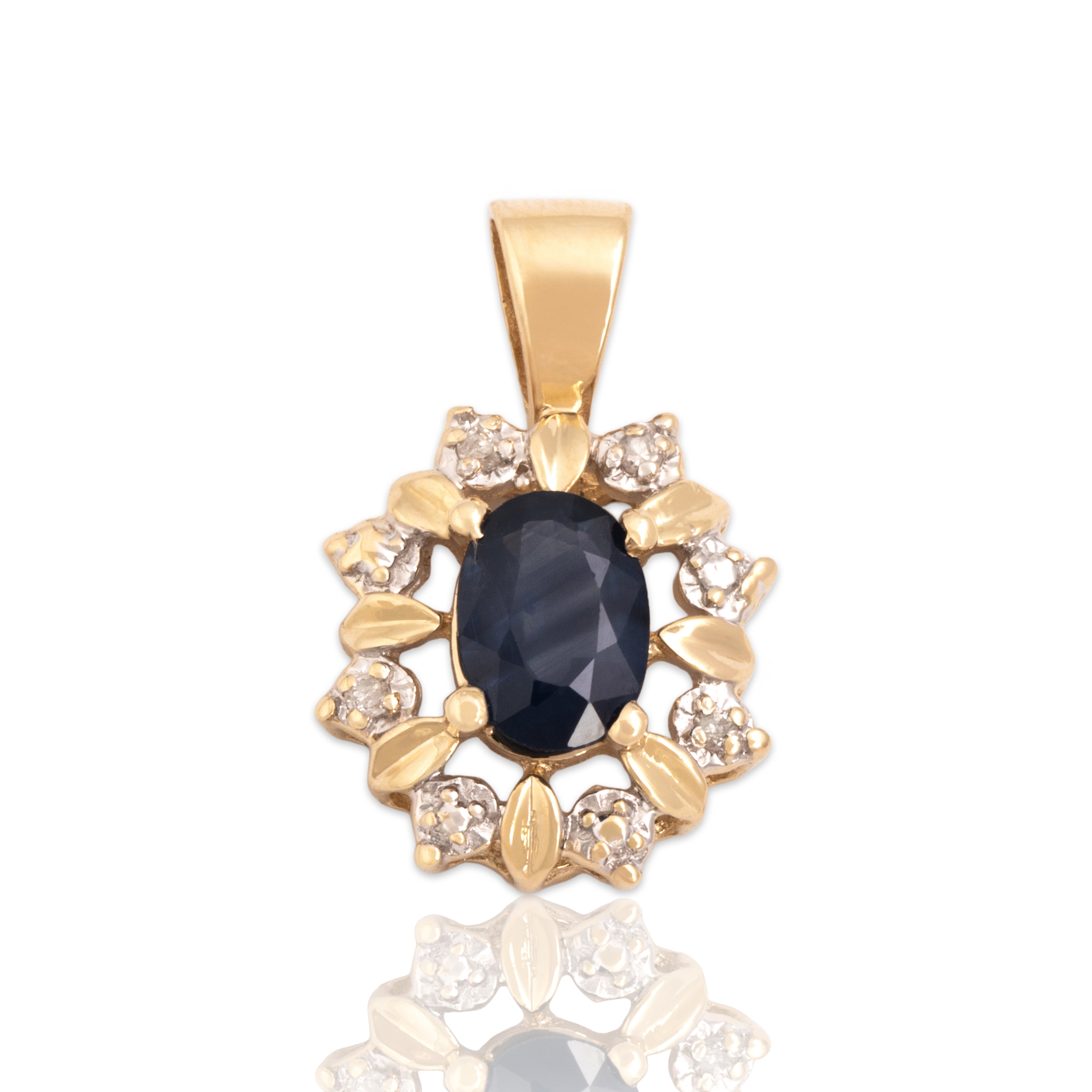 Vintage Small 14k Yellow Gold .68ct Blue Sapphire Diamond Burst Halo Pendant