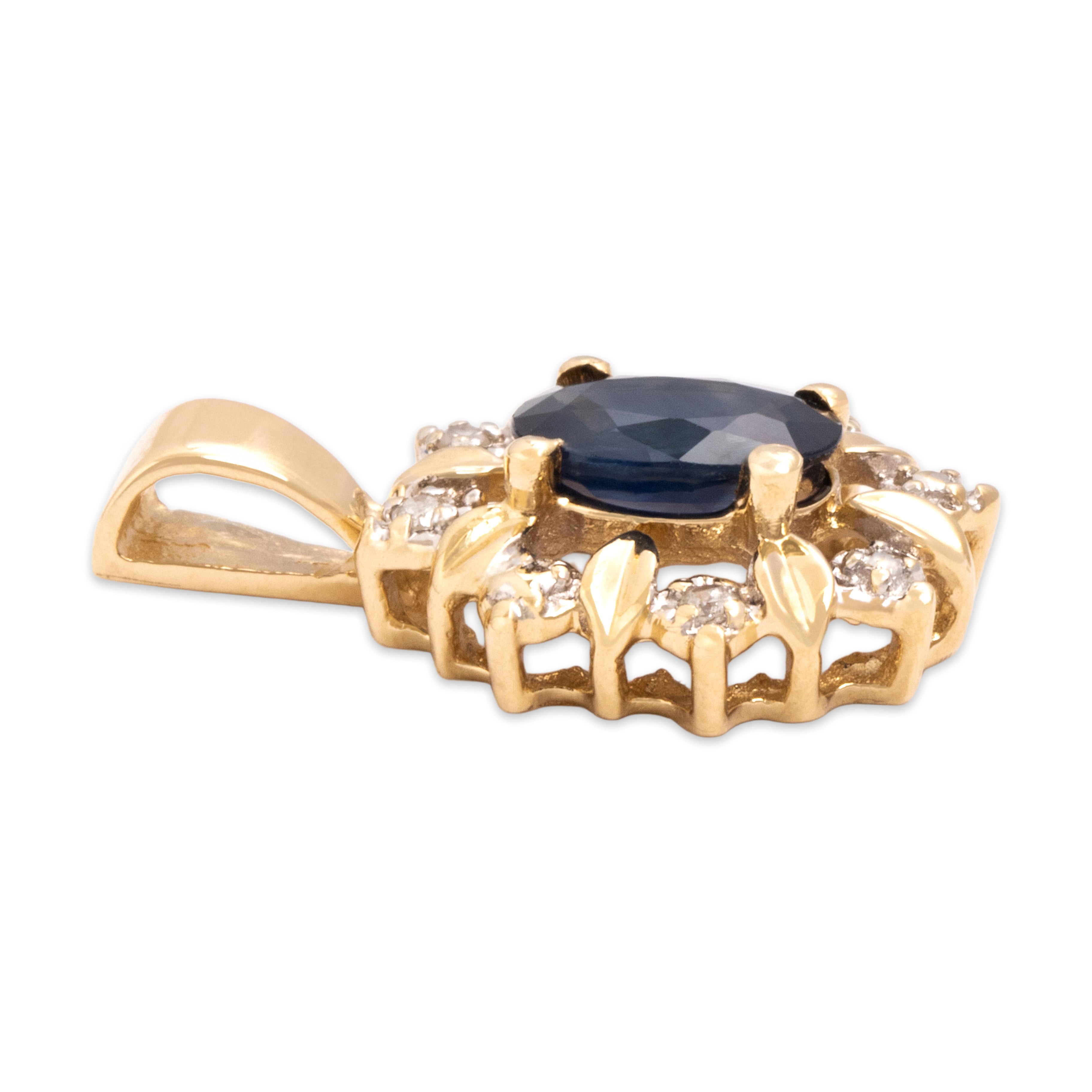 Vintage Small 14k Yellow Gold .68ct Blue Sapphire Diamond Burst Halo Pendant - Side view