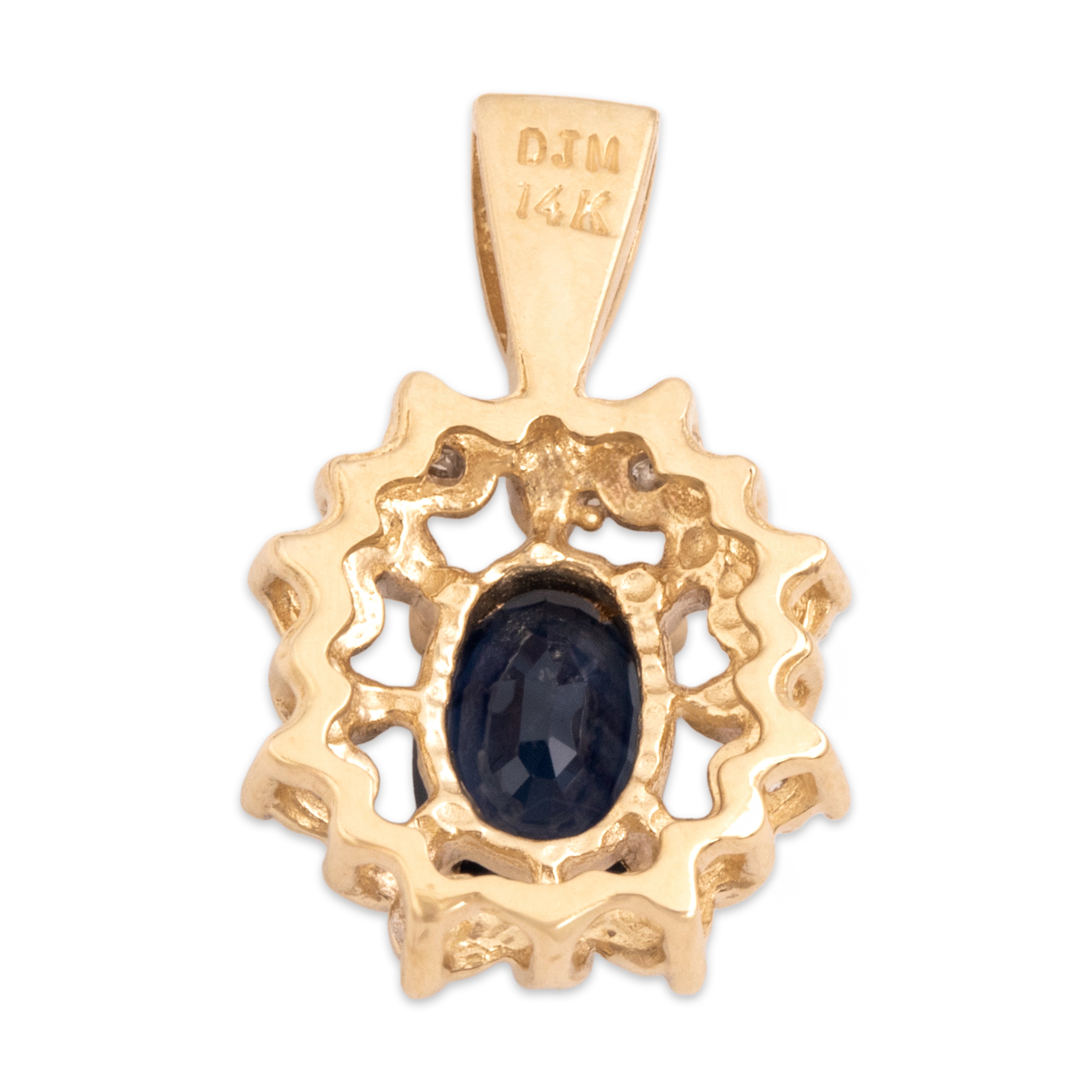Vintage Small 14k Yellow Gold .68ct Blue Sapphire Diamond Burst Halo Pendant - Back view